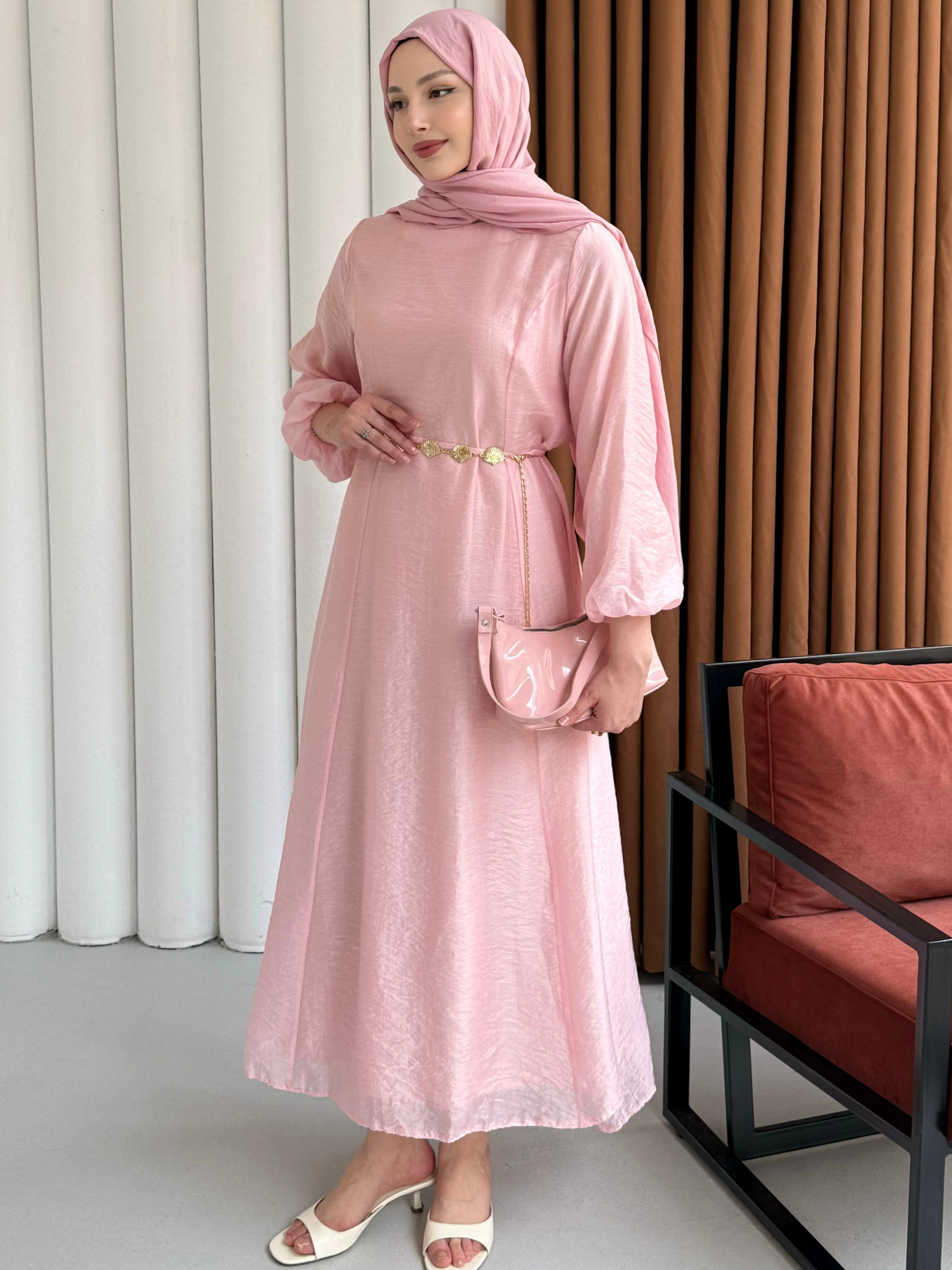 Premium Modal Kumaş Zincir Detaylı Tesettür Elbise-PEMBE