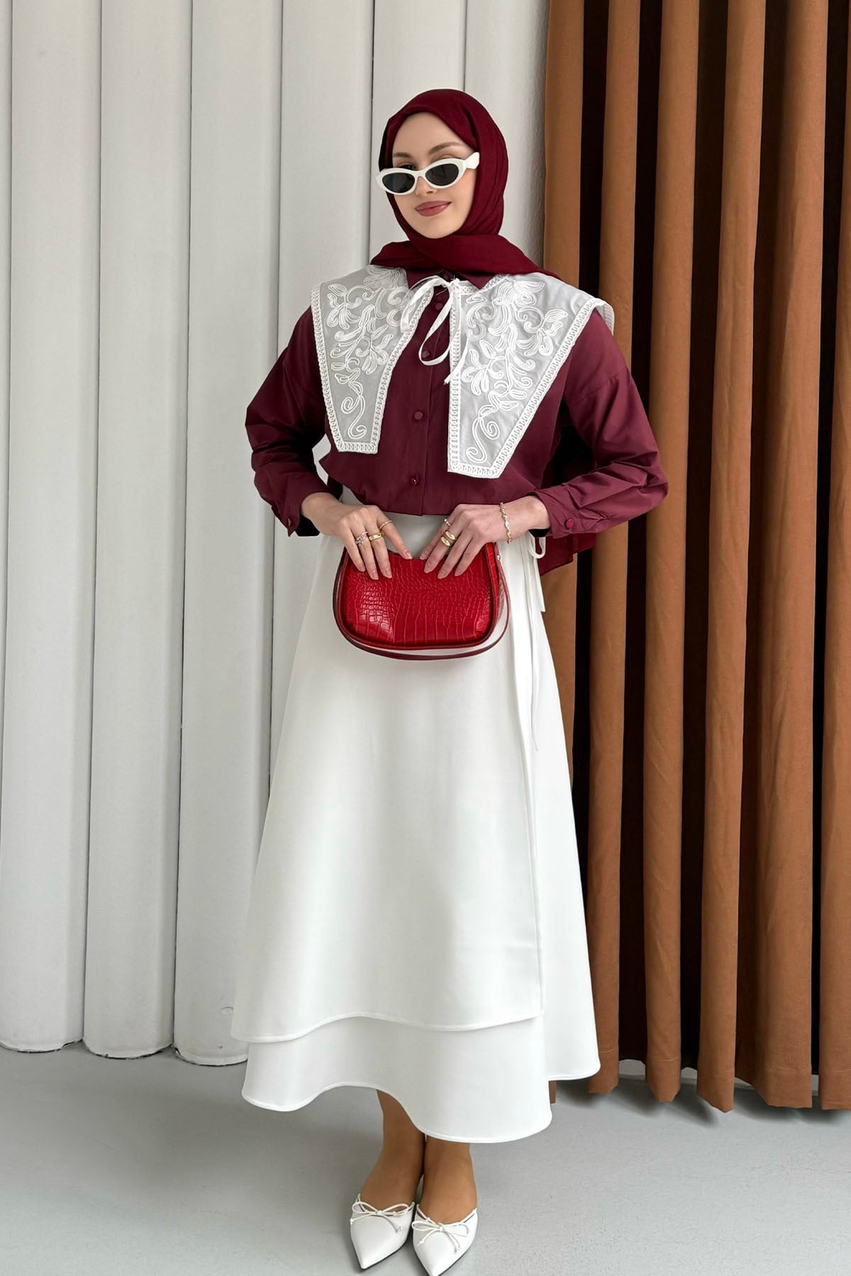 Premium Nakışlı Yaka Detaylı Gömlek-BORDO