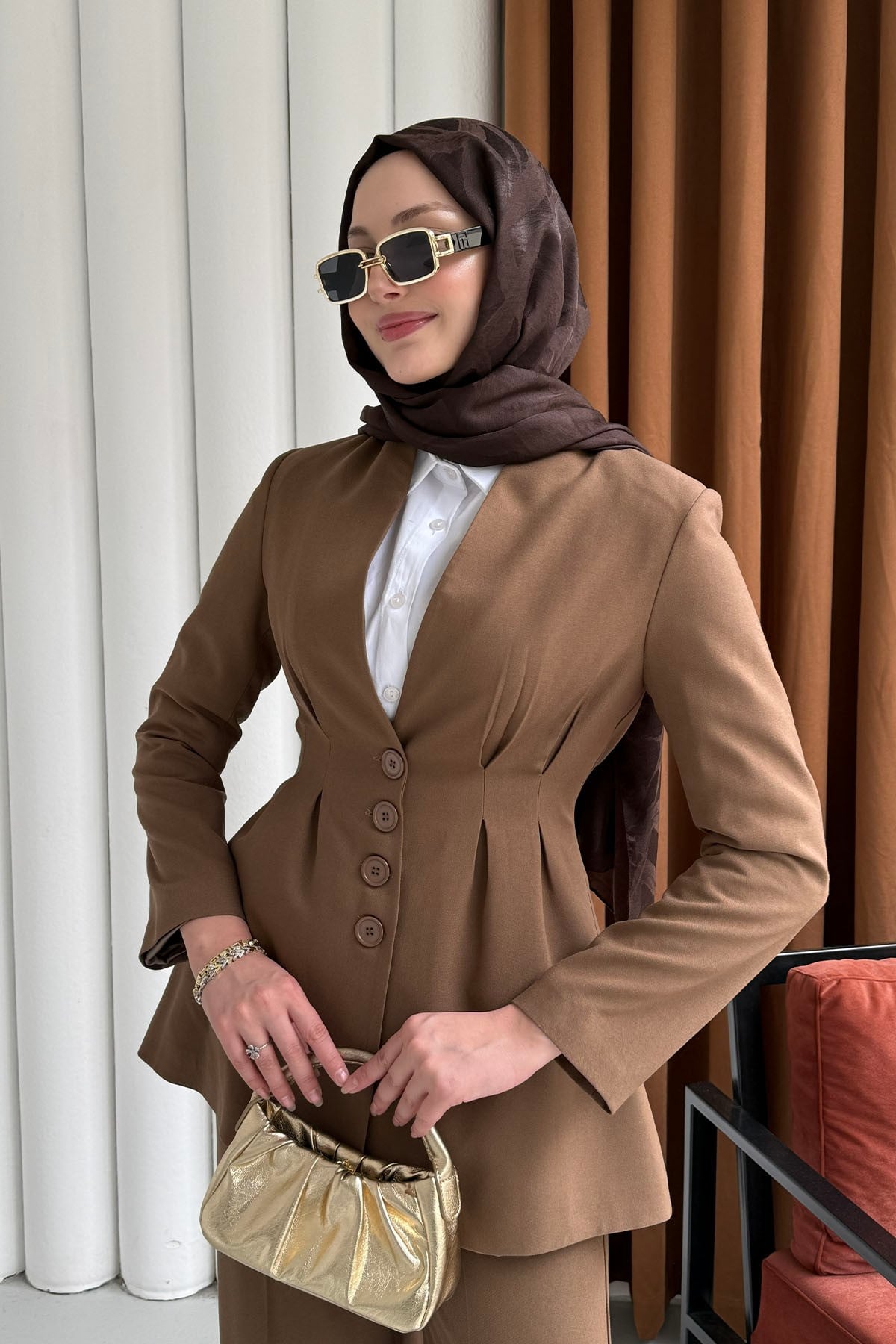 Premium Vatkalı Palazzo Pantolon Tesettür Takım-SÜTLÜ KAHVE