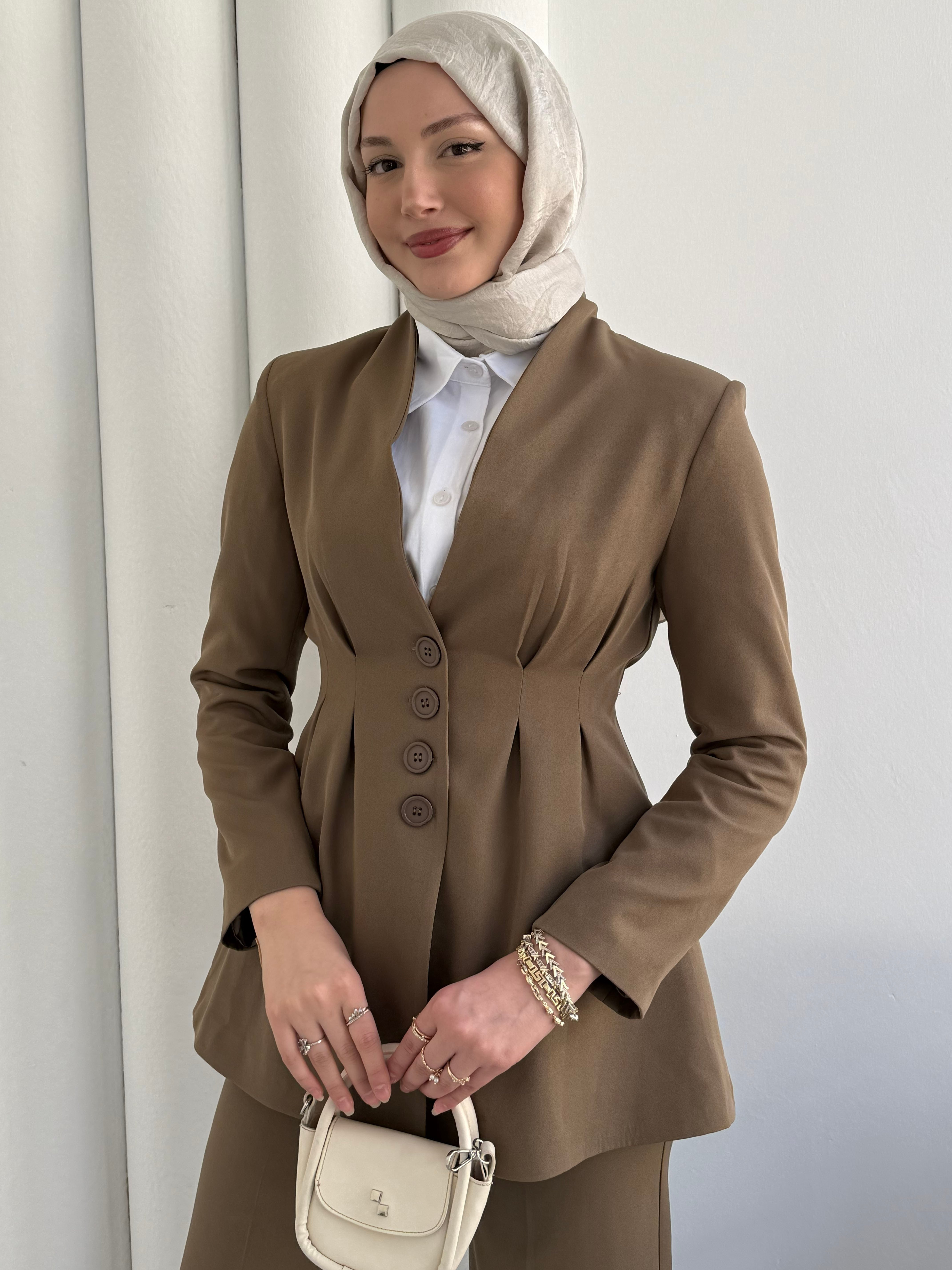 Premium Vatkalı Palazzo Pantolon Tesettür Takım-HAKİ YEŞİL