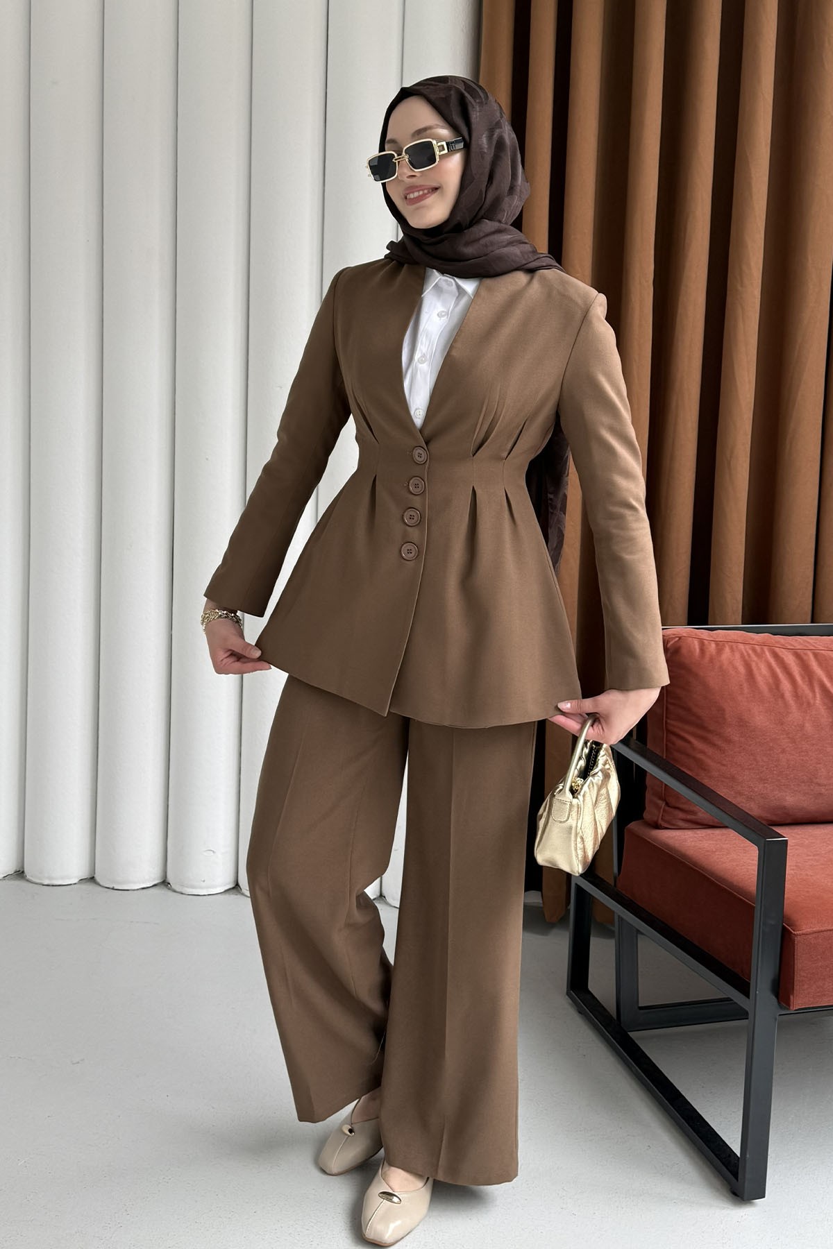 Premium Vatkalı Palazzo Pantolon Tesettür Takım-SÜTLÜ KAHVE
