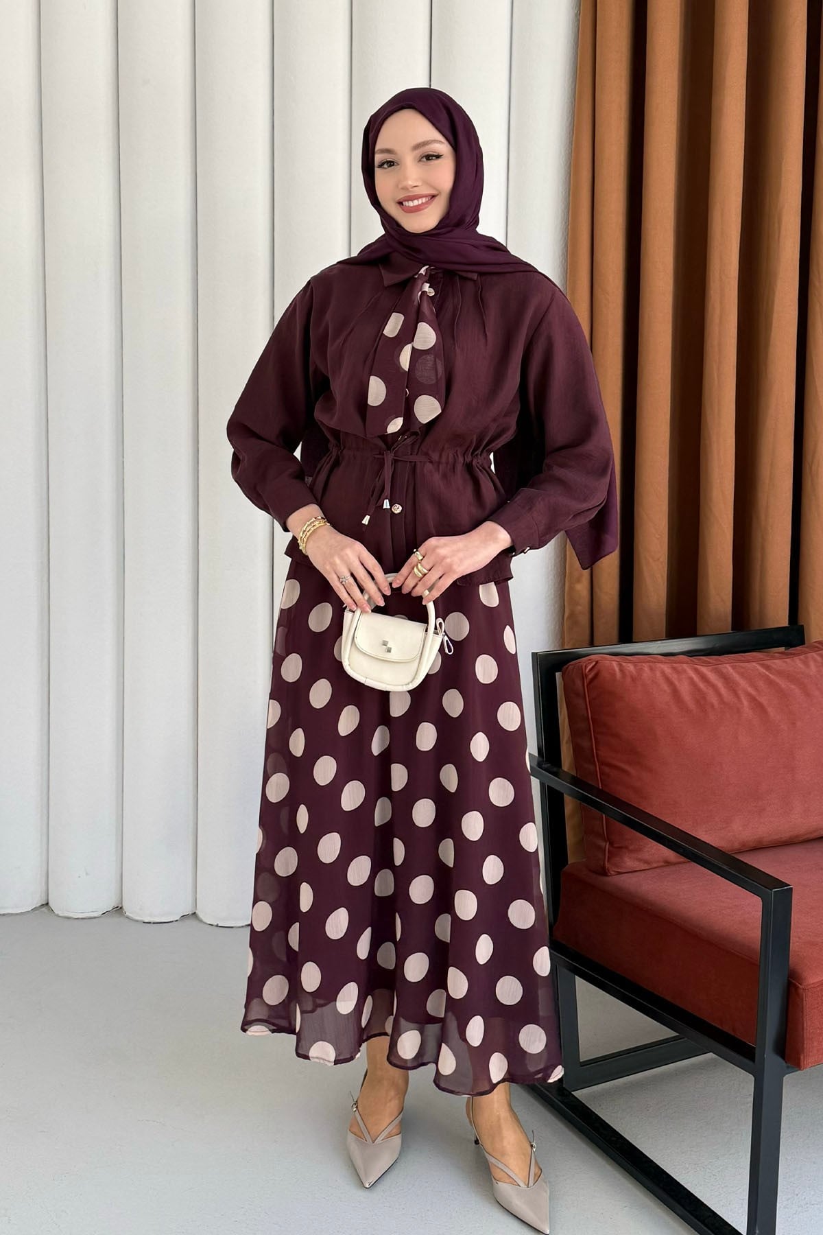 Puantiye Detaylı Etekli Tesettür Takım-BORDO