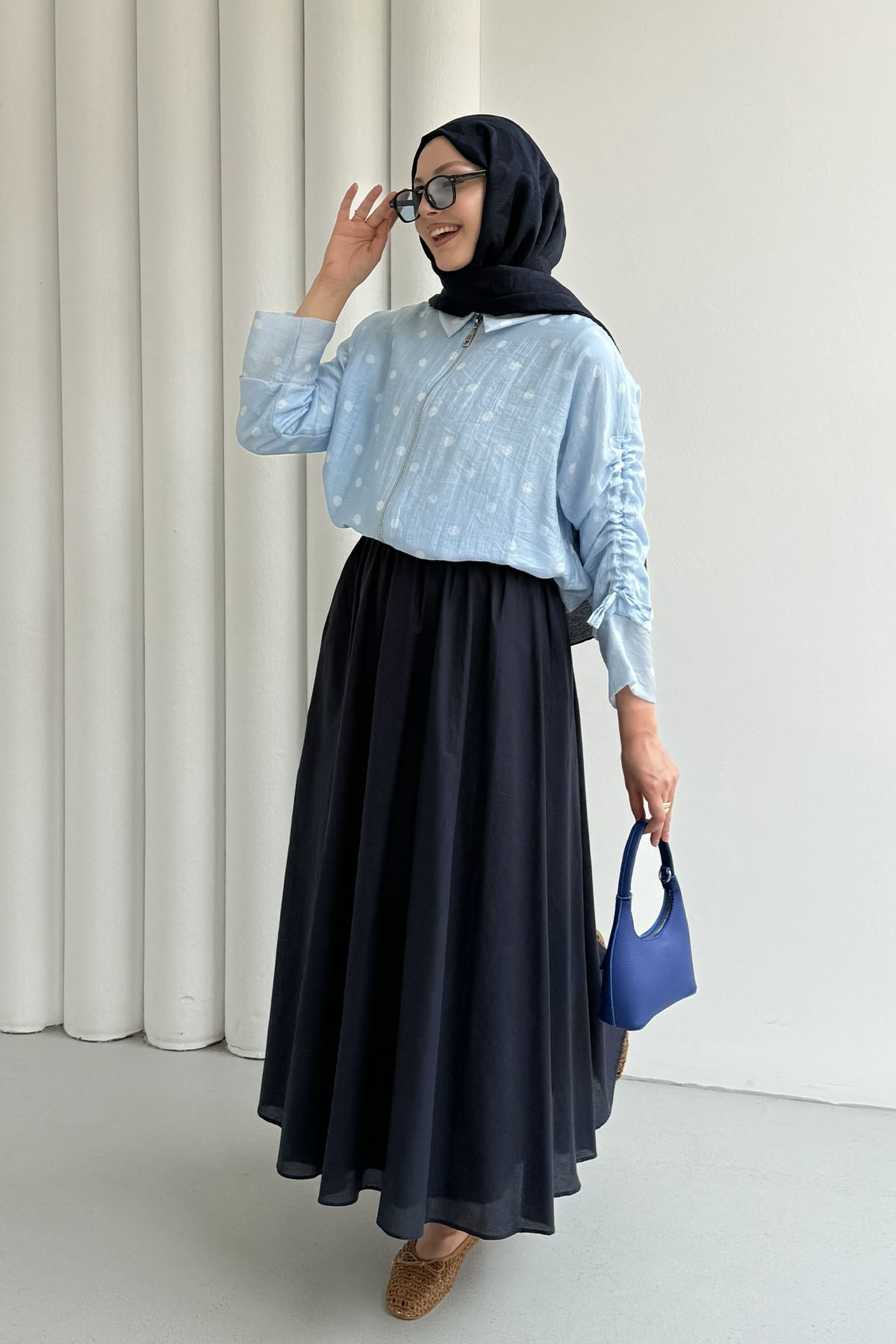 Puantiyeli Kısa Crop Bomber Ceket-BEBE MAVİ