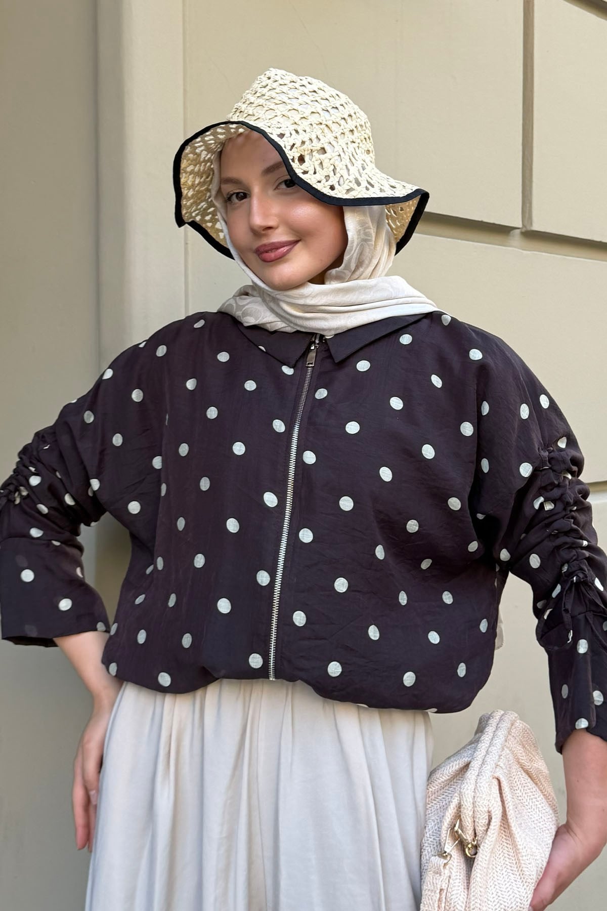 Puantiyeli Kısa Crop Bomber Ceket-KAHVERENGİ