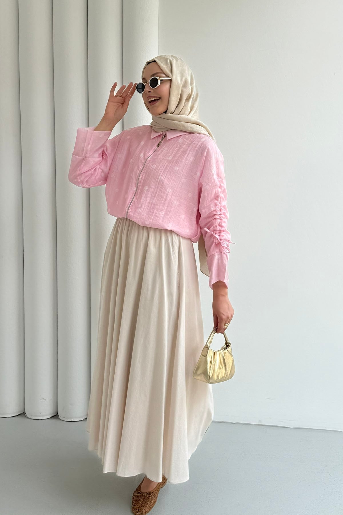 Puantiyeli Kısa Crop Bomber Ceket-PEMBE