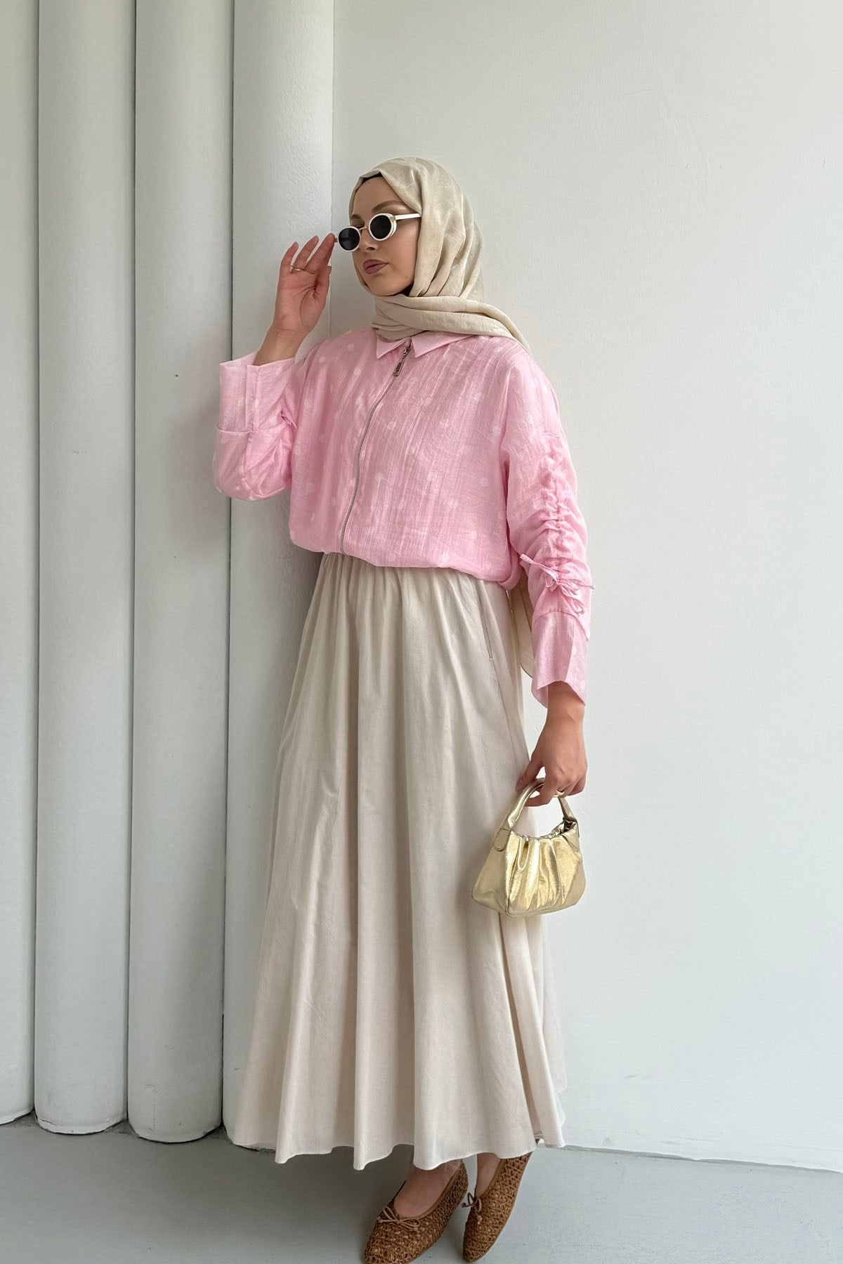 Puantiyeli Kısa Crop Bomber Ceket-PEMBE