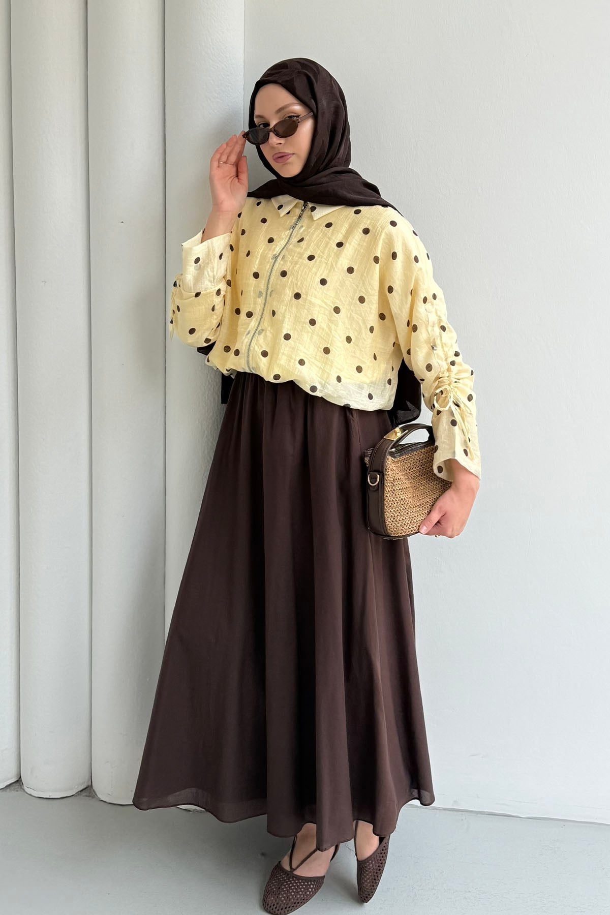 Puantiyeli Kısa Crop Bomber Ceket-SARI