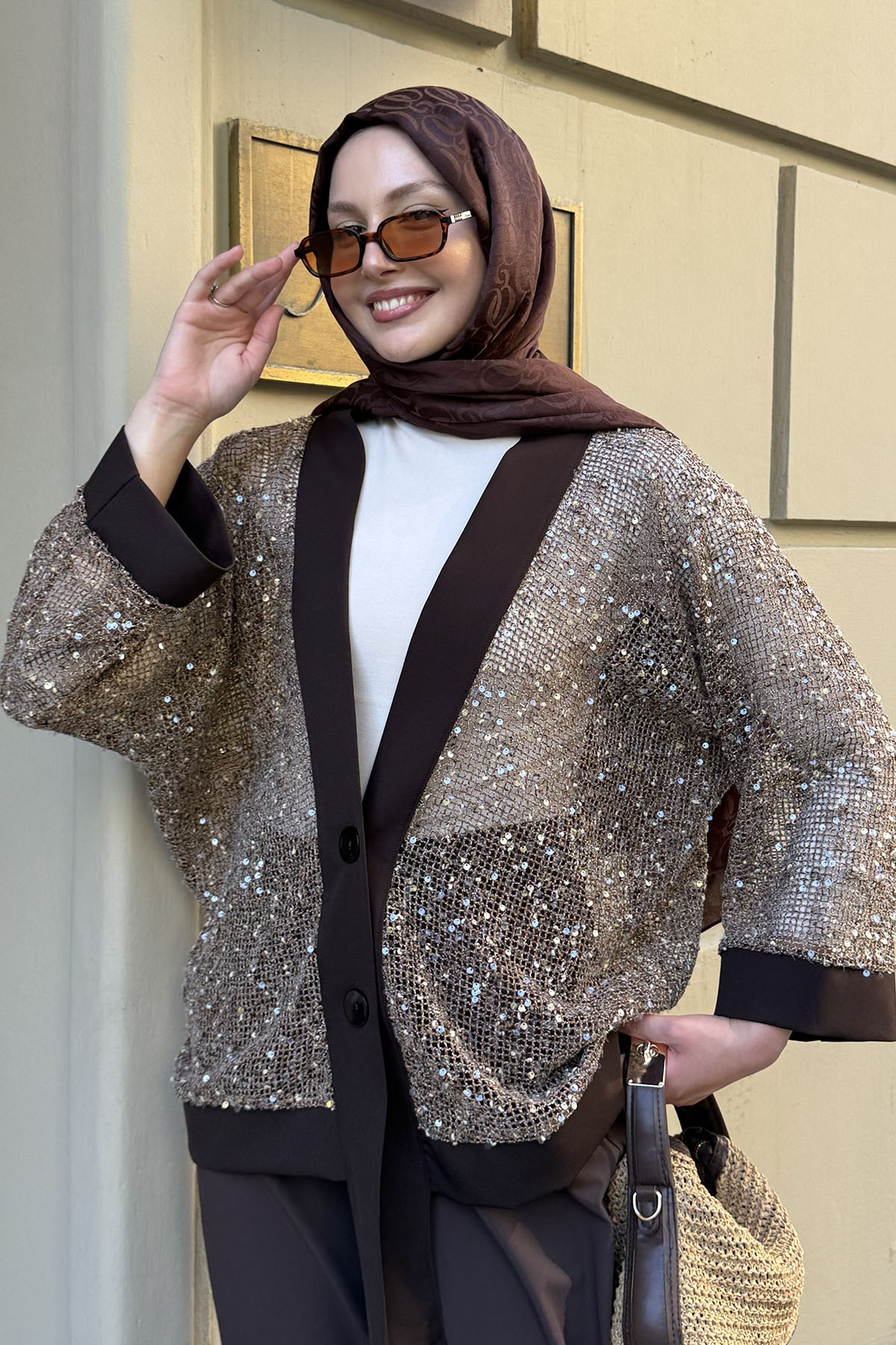 Pul Payet Detaylı Kimono Hırka-KAHVERENGİ