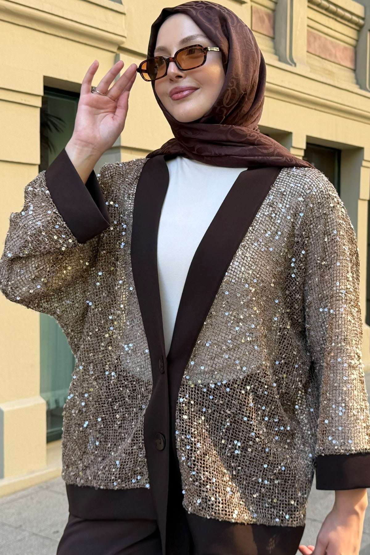 Pul Payet Detaylı Kimono Hırka-KAHVERENGİ