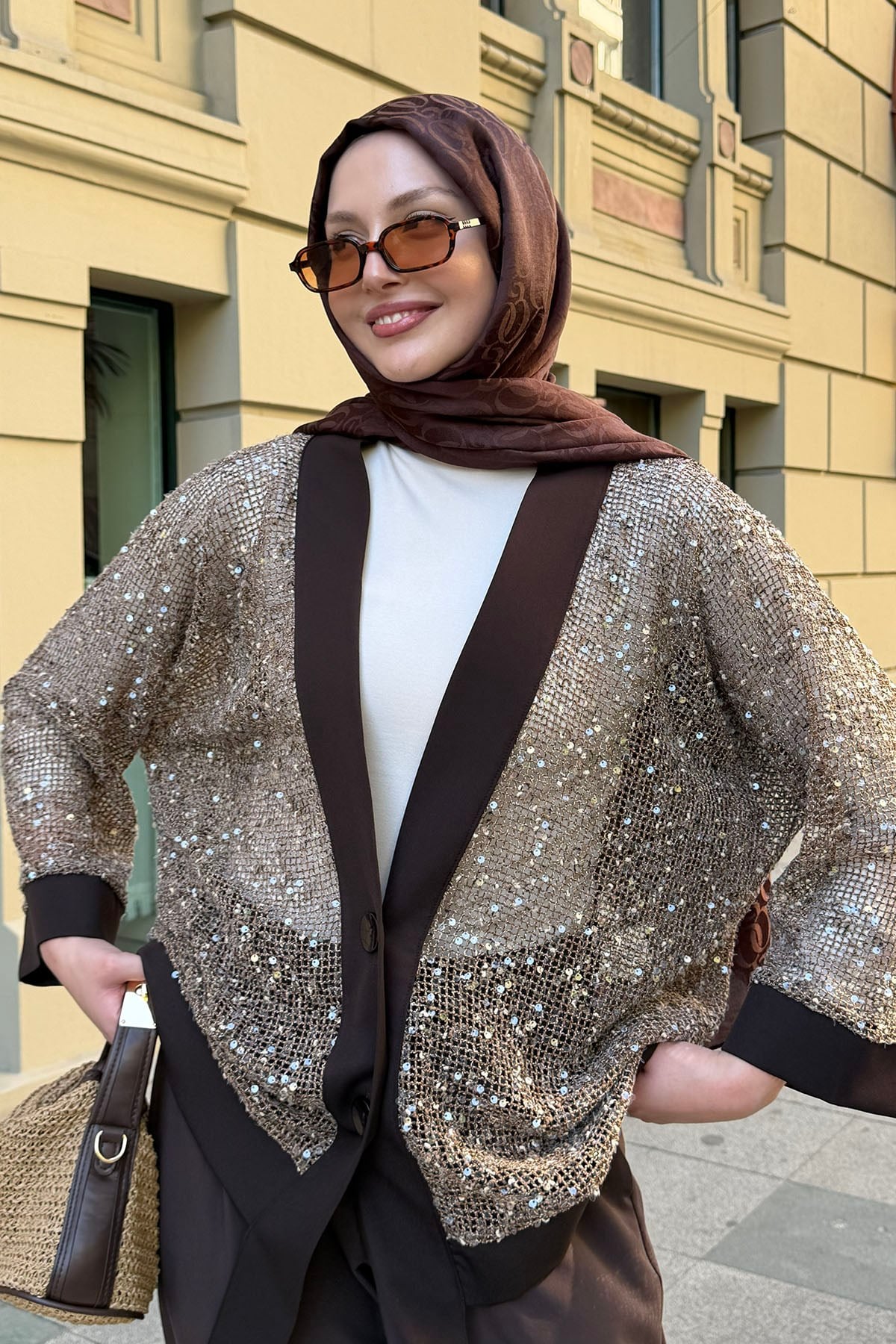 Pul Payet Detaylı Kimono Hırka-KAHVERENGİ