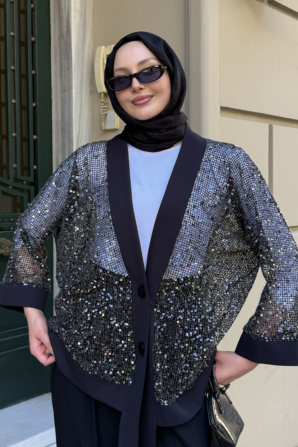 Pul Payet Detaylı Kimono Hırka-SİYAH