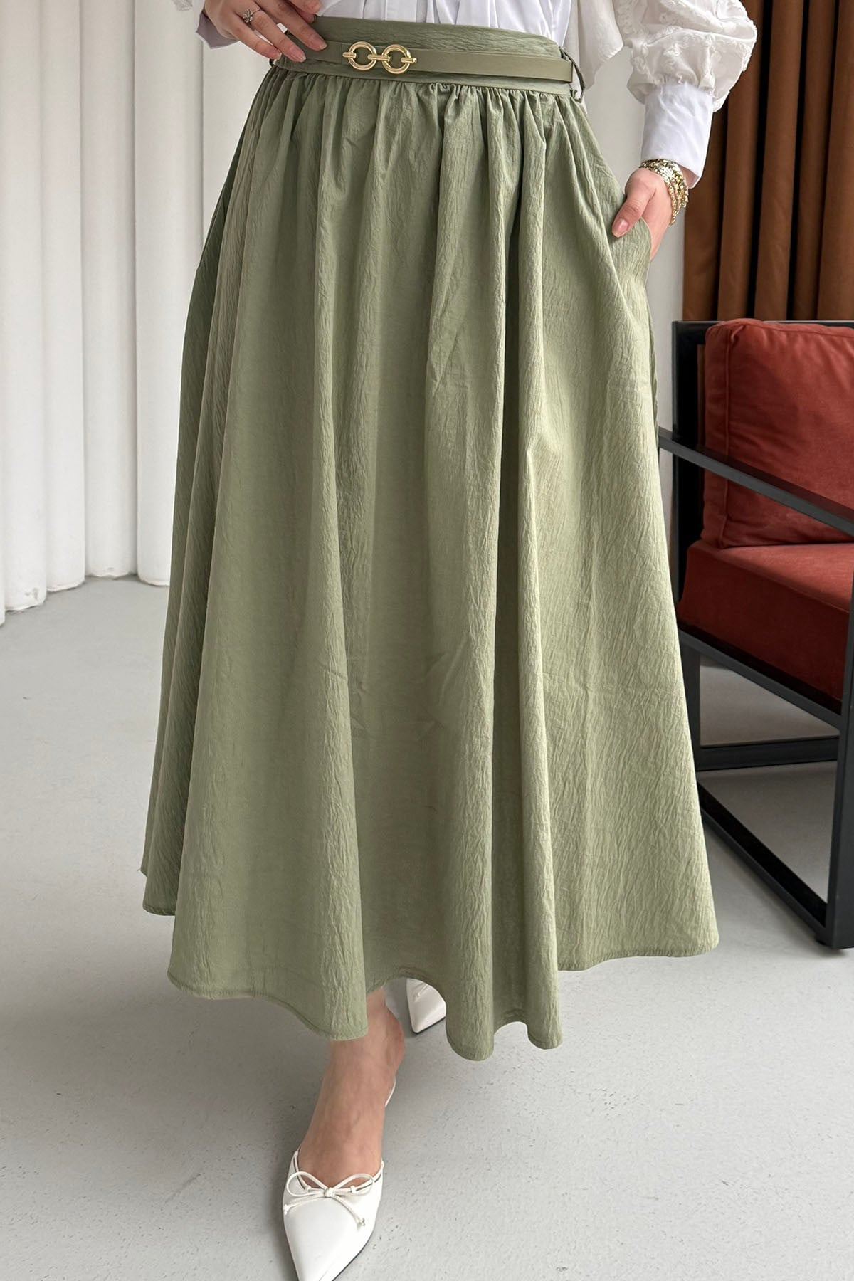 Rahat Kalıp Cepli Kemer Detaylı Lastikli Bel Etek-ÇAĞLA YEŞİLİ