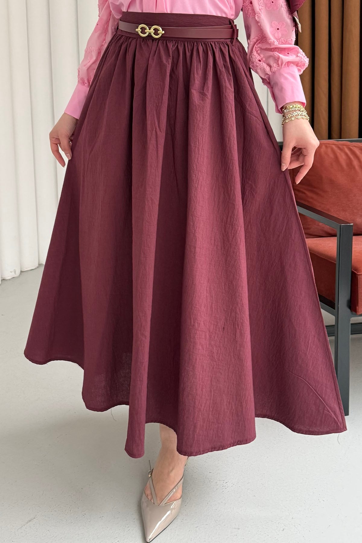 Rahat Kalıp Cepli Kemer Detaylı Lastikli Bel Etek-BORDO