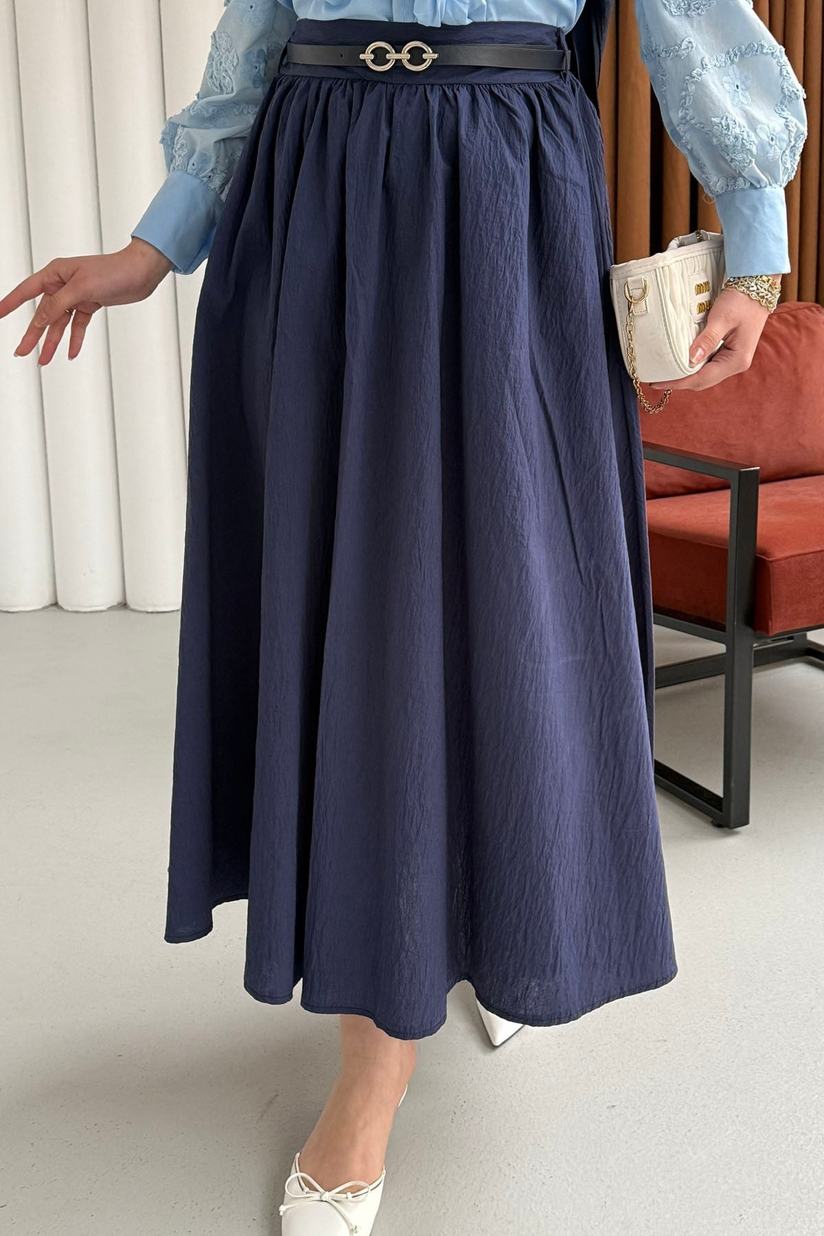 Rahat Kalıp Cepli Kemer Detaylı Lastikli Bel Etek-LACİVERT