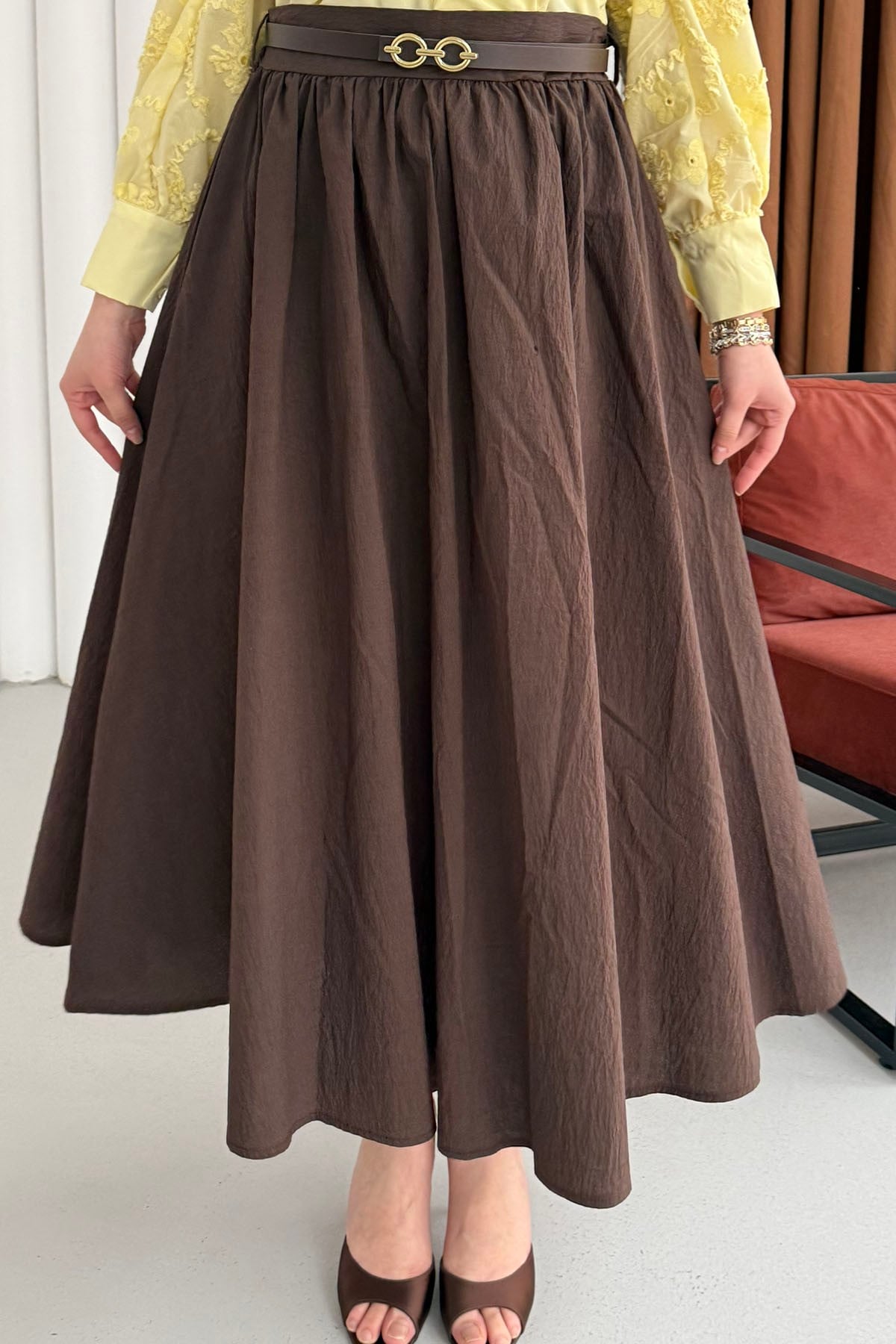 Rahat Kalıp Cepli Kemer Detaylı Lastikli Bel Etek-KAHVERENGİ