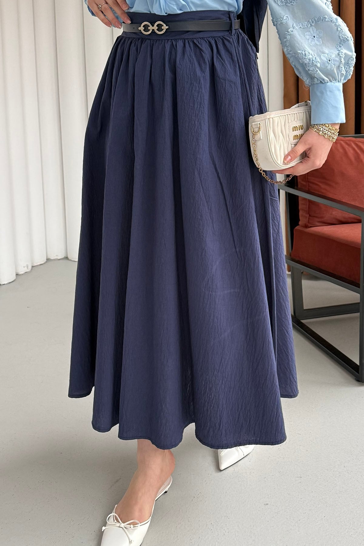 Rahat Kalıp Cepli Kemer Detaylı Lastikli Bel Etek-LACİVERT