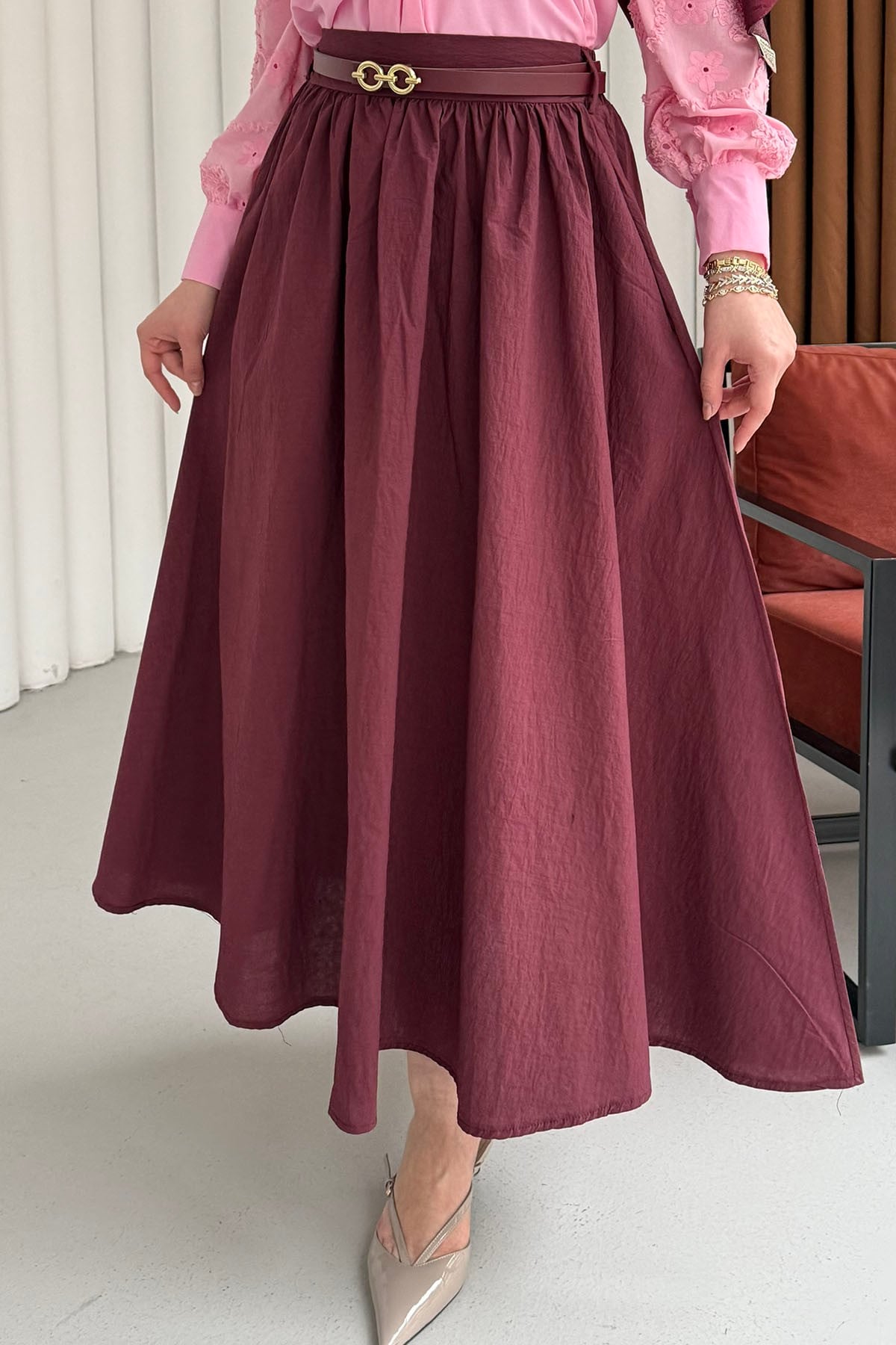 Rahat Kalıp Cepli Kemer Detaylı Lastikli Bel Etek-BORDO