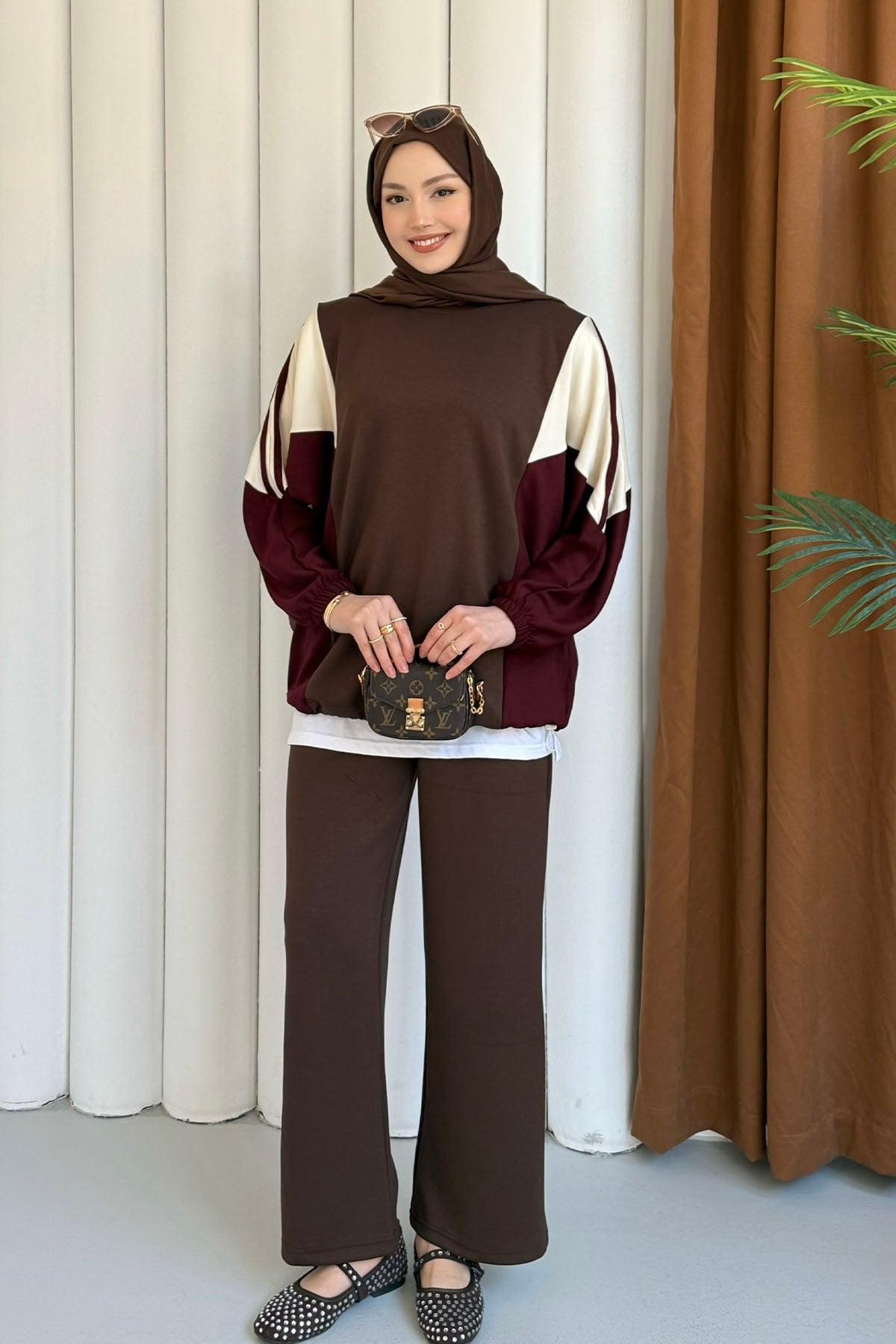 Renk Bloklu Oysho Kumaş Pantolon Tesettür Takım-KAHVERENGİ