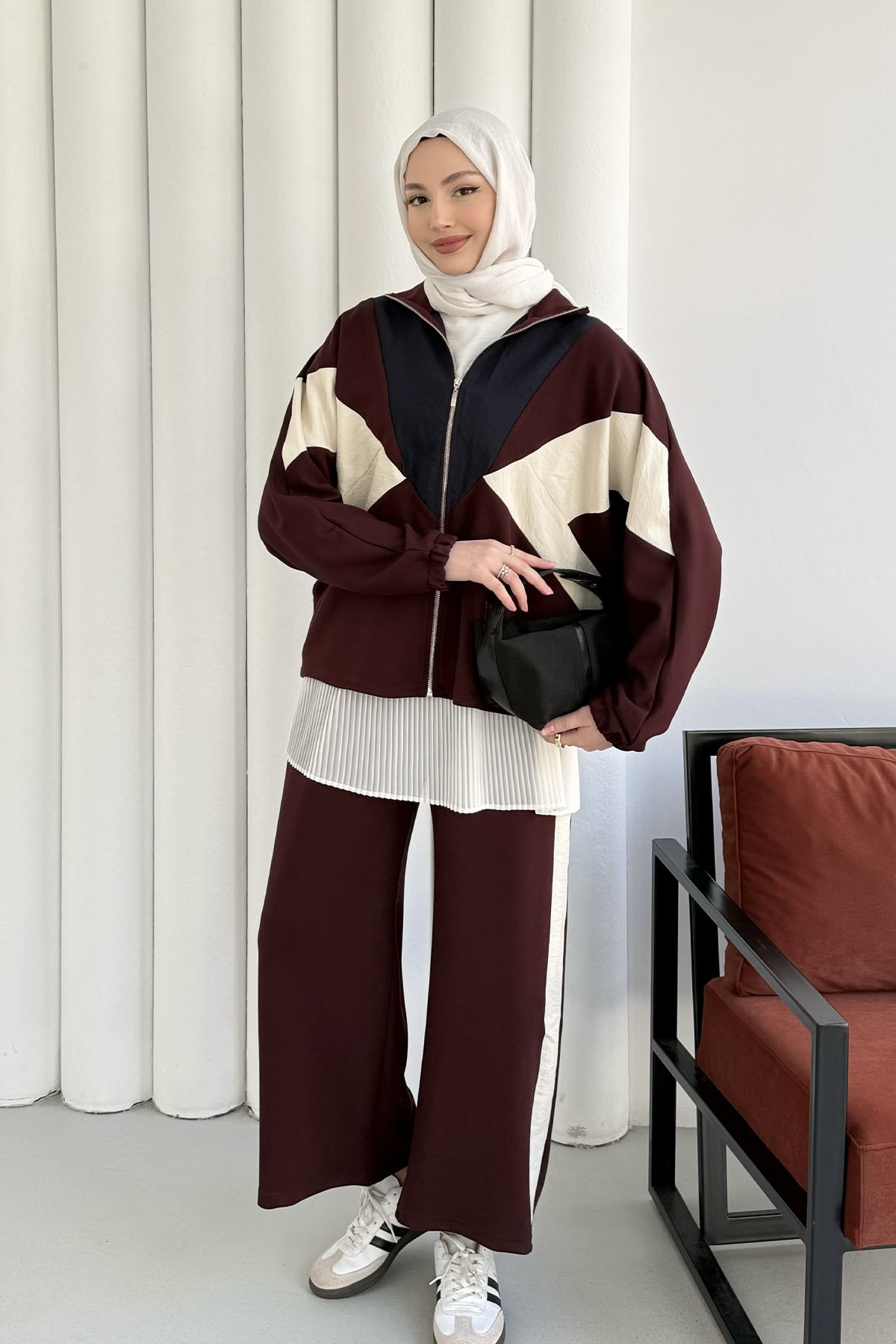 Renkli Paraşüt Detay Pantolonlu Tesettür Takım-BORDO