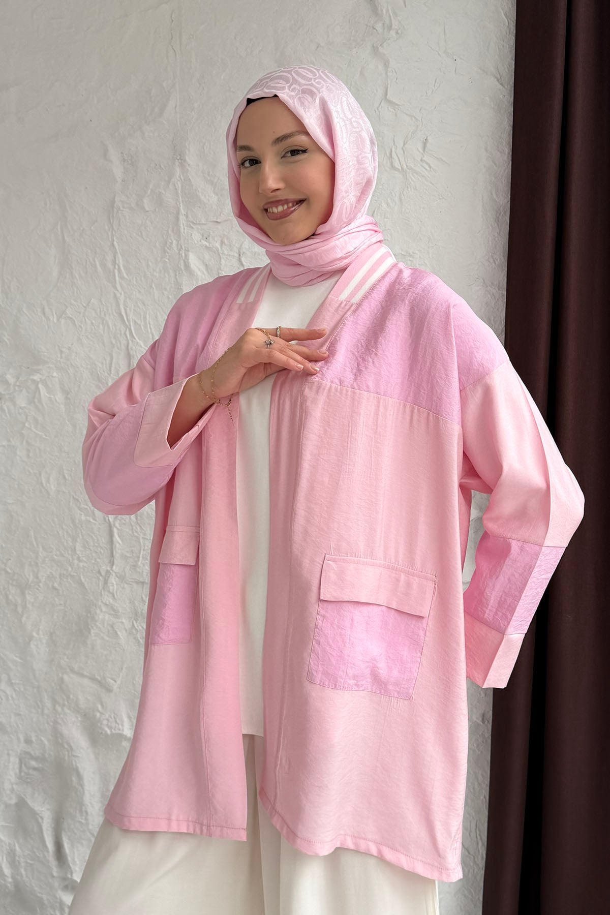 Ribana Yaka Çizgi Detaylı Ön İki Cepli Kap-PEMBE