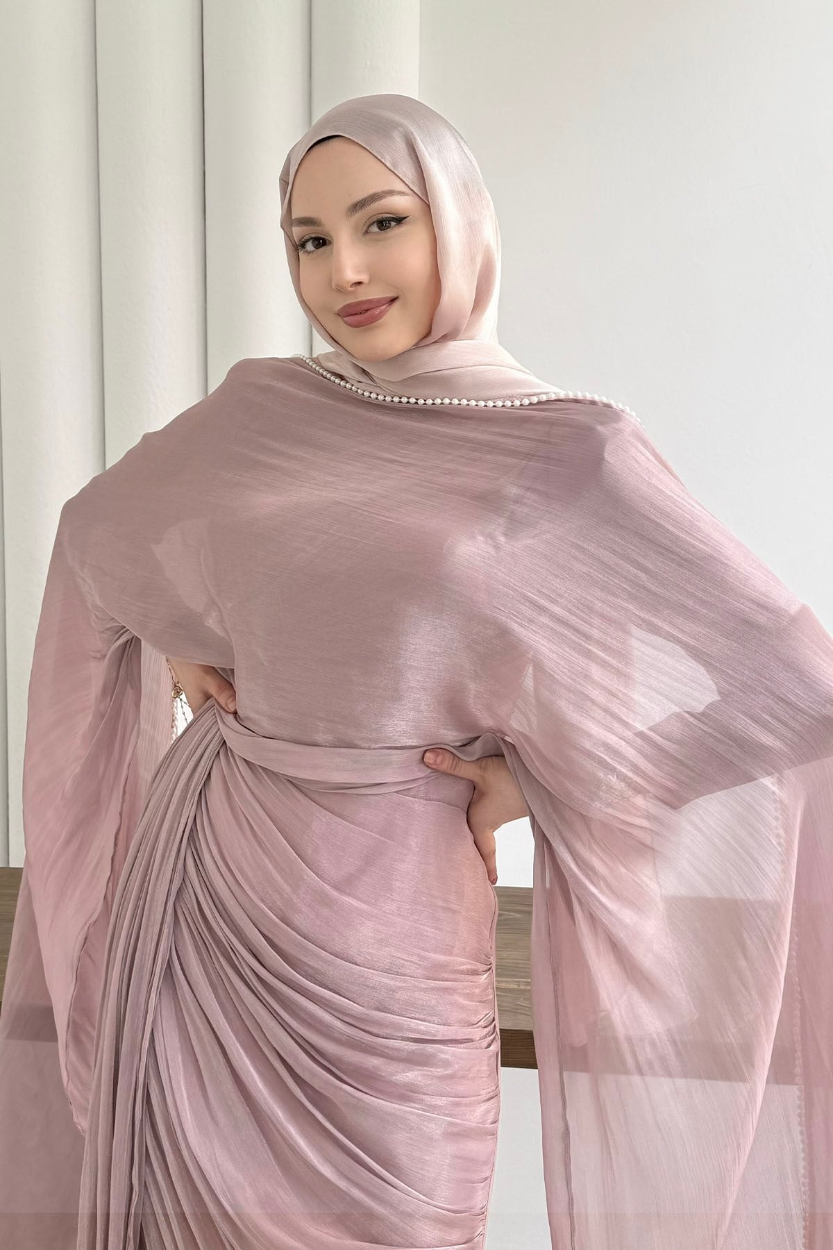 Royal İnci Fular & Şal Detaylı Tesettür Abiye-PEMBE