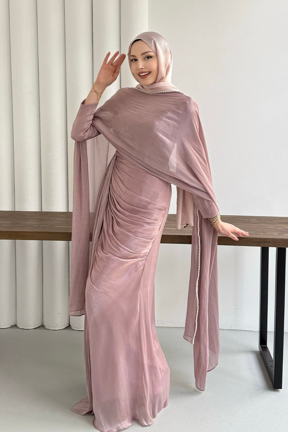 Royal İnci Fular & Şal Detaylı Tesettür Abiye-PEMBE