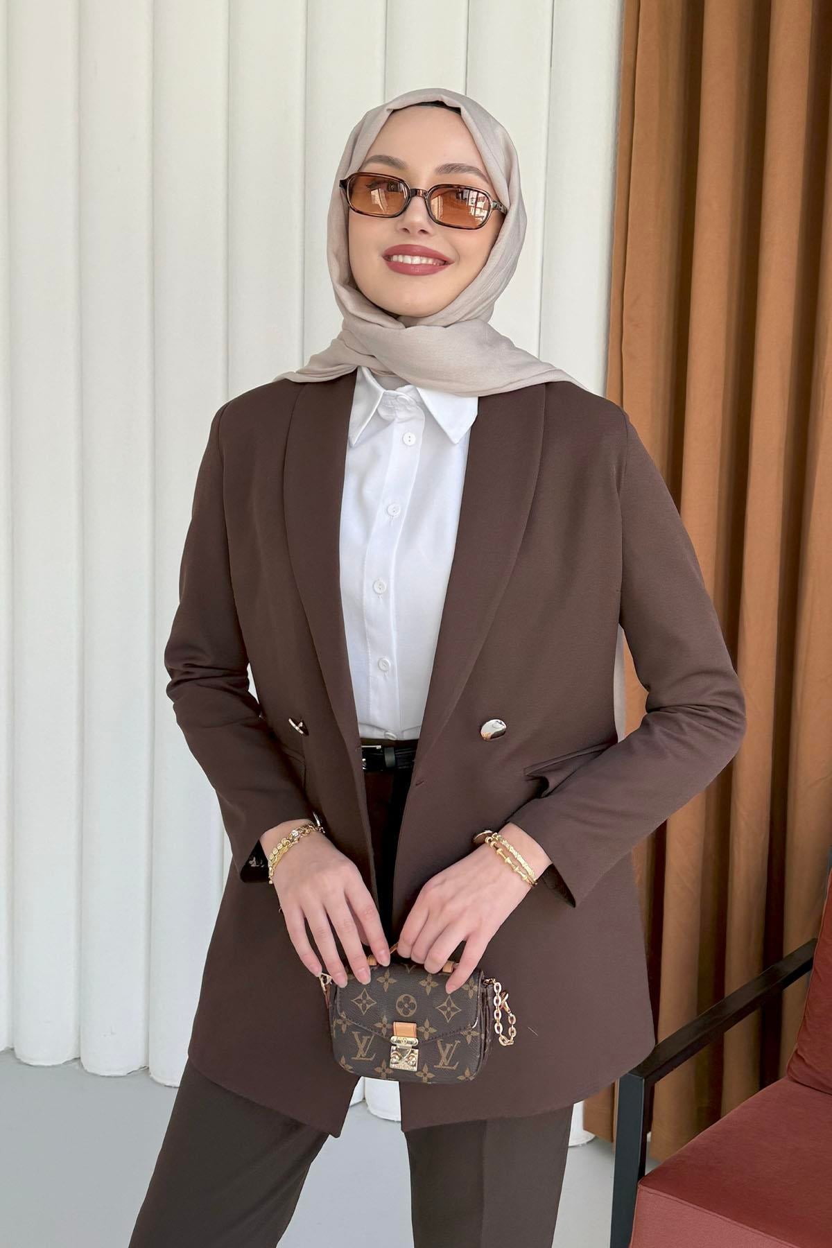 Şal Yaka Astarı Leopar Kruvaze Yaka Ceket-KAHVERENGİ