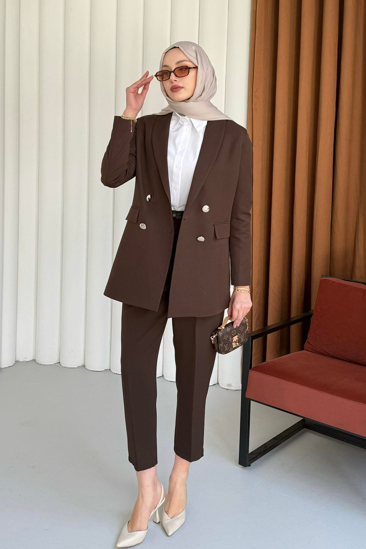 Şal Yaka Astarı Leopar Kruvaze Yaka Ceket-KAHVERENGİ