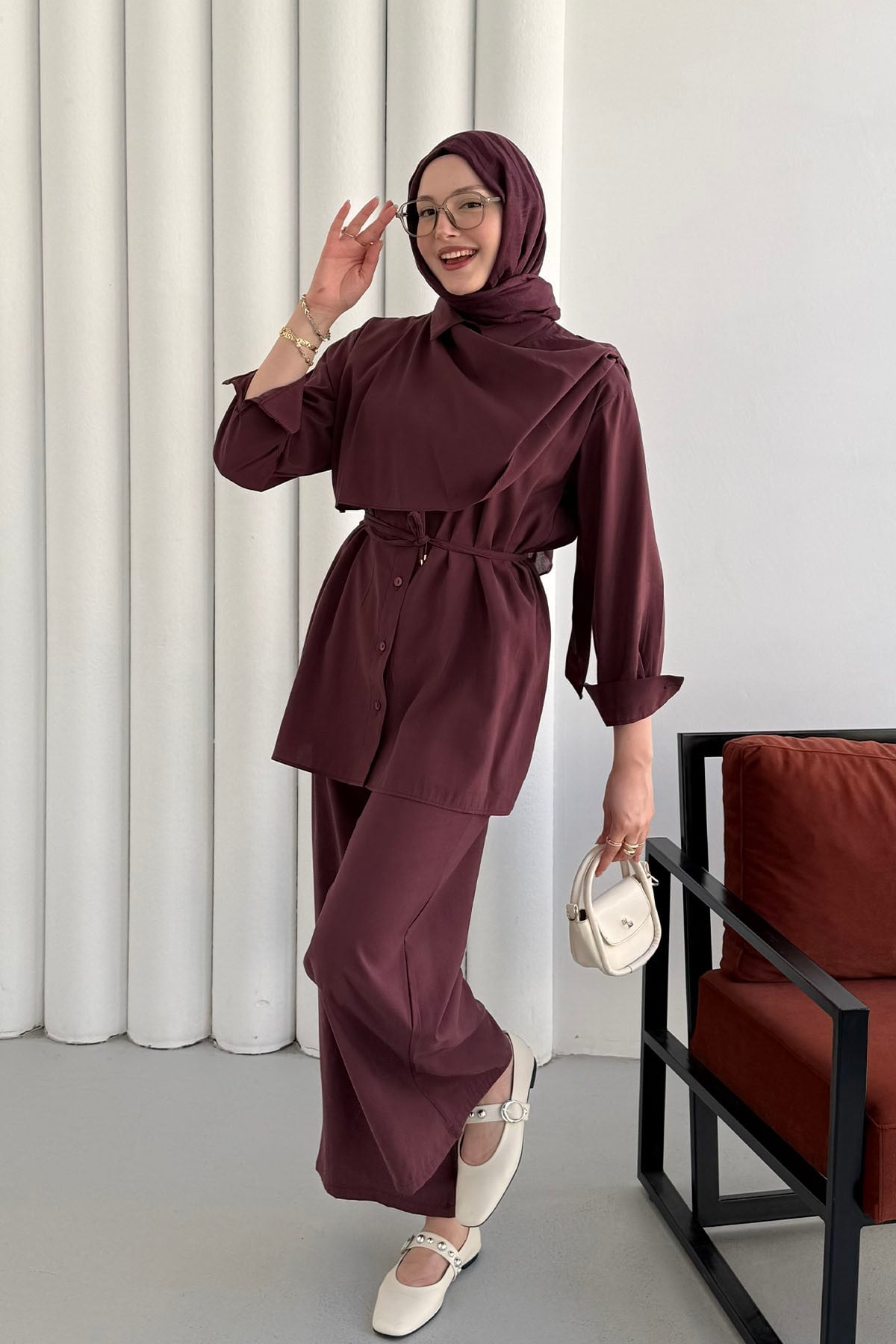 Şal Yaka Modal Kumaş Pantolonlu Tesettür Takım-MÜRDÜM