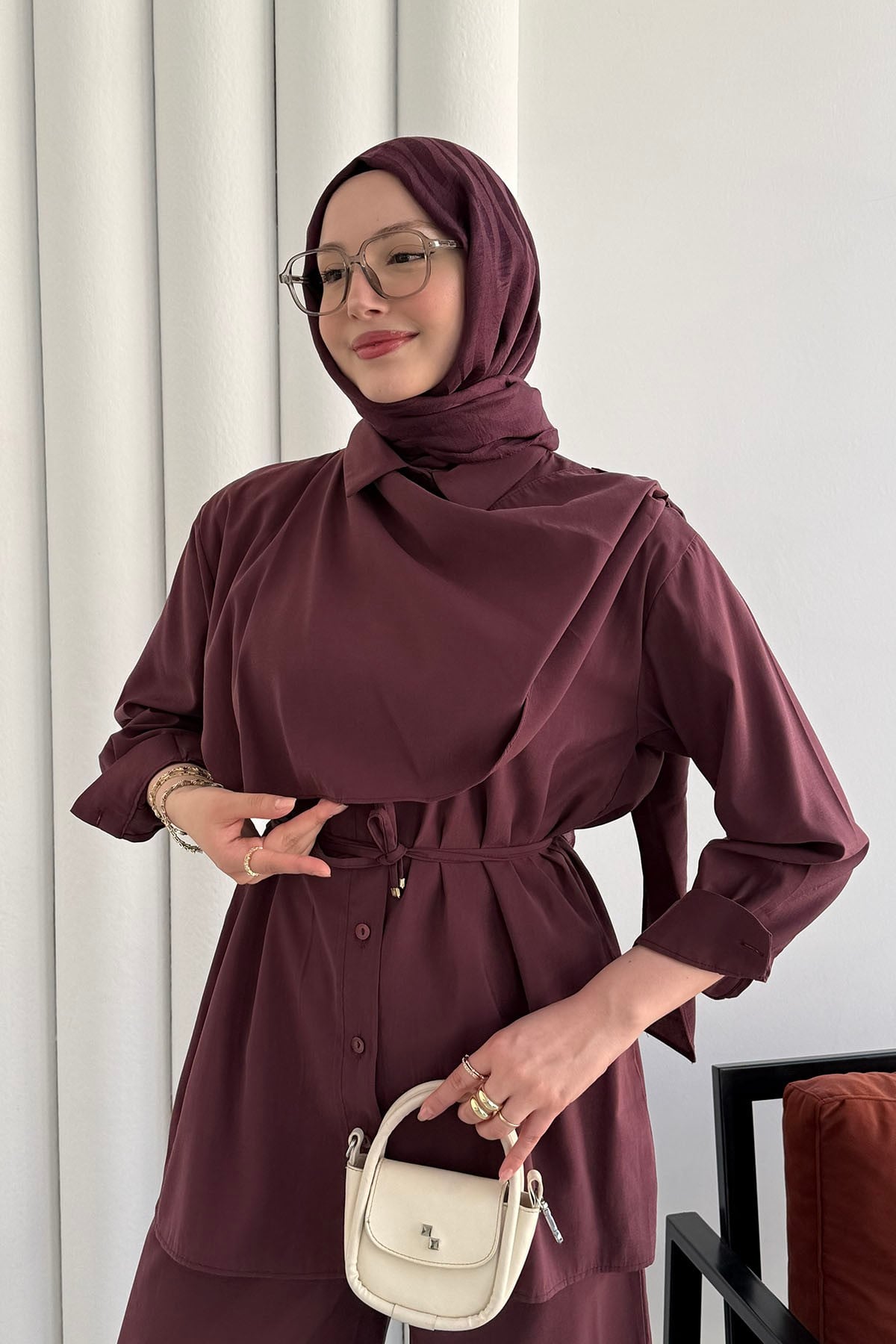 Şal Yaka Modal Kumaş Pantolonlu Tesettür Takım-MÜRDÜM