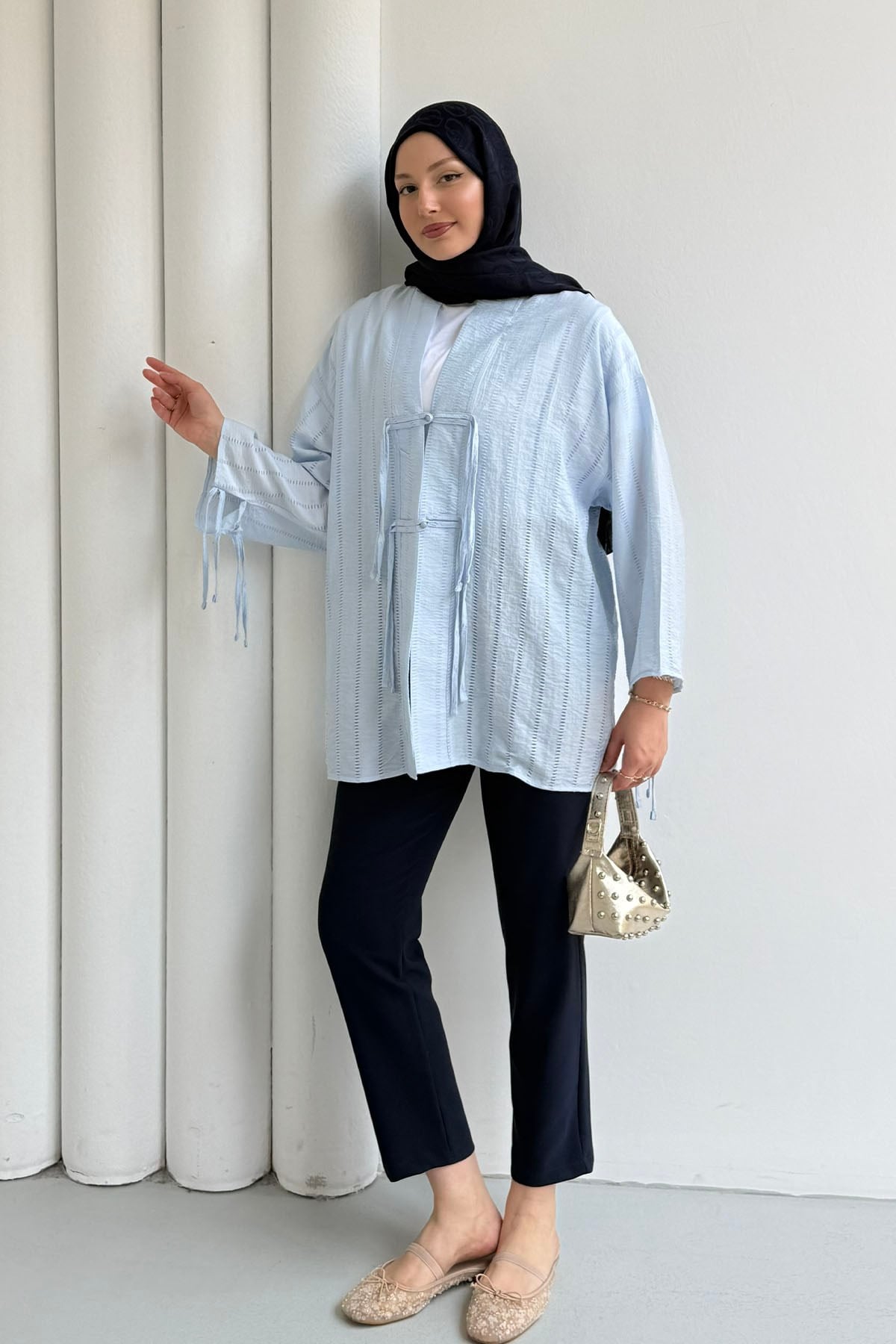 Şal Yaka Ön Ve Kol Ucu Bağlamalı Kimono-BEBE MAVİ