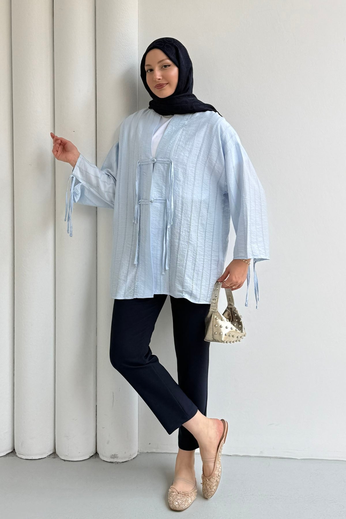 Şal Yaka Ön Ve Kol Ucu Bağlamalı Kimono-BEBE MAVİ