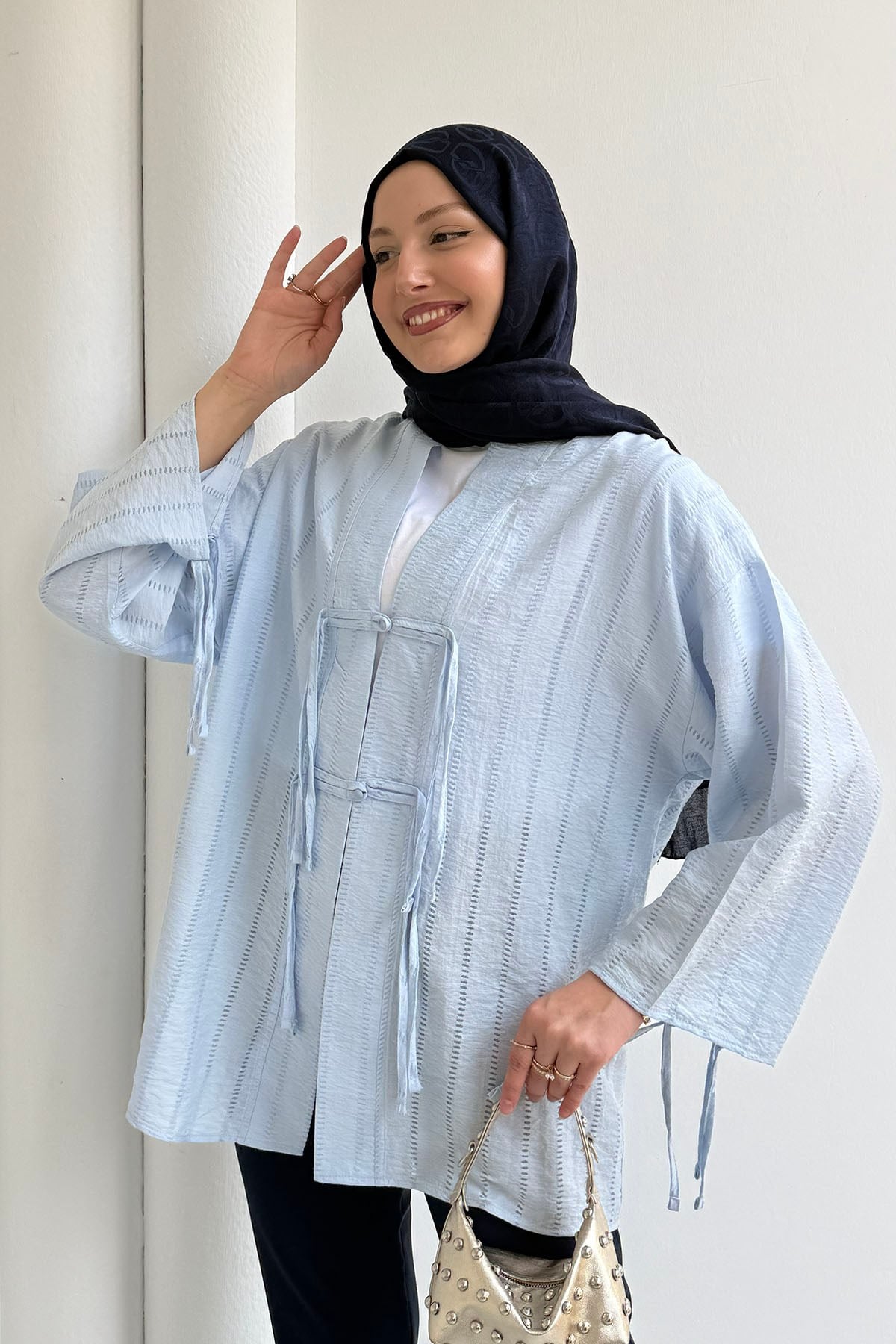 Şal Yaka Ön Ve Kol Ucu Bağlamalı Kimono-BEBE MAVİ