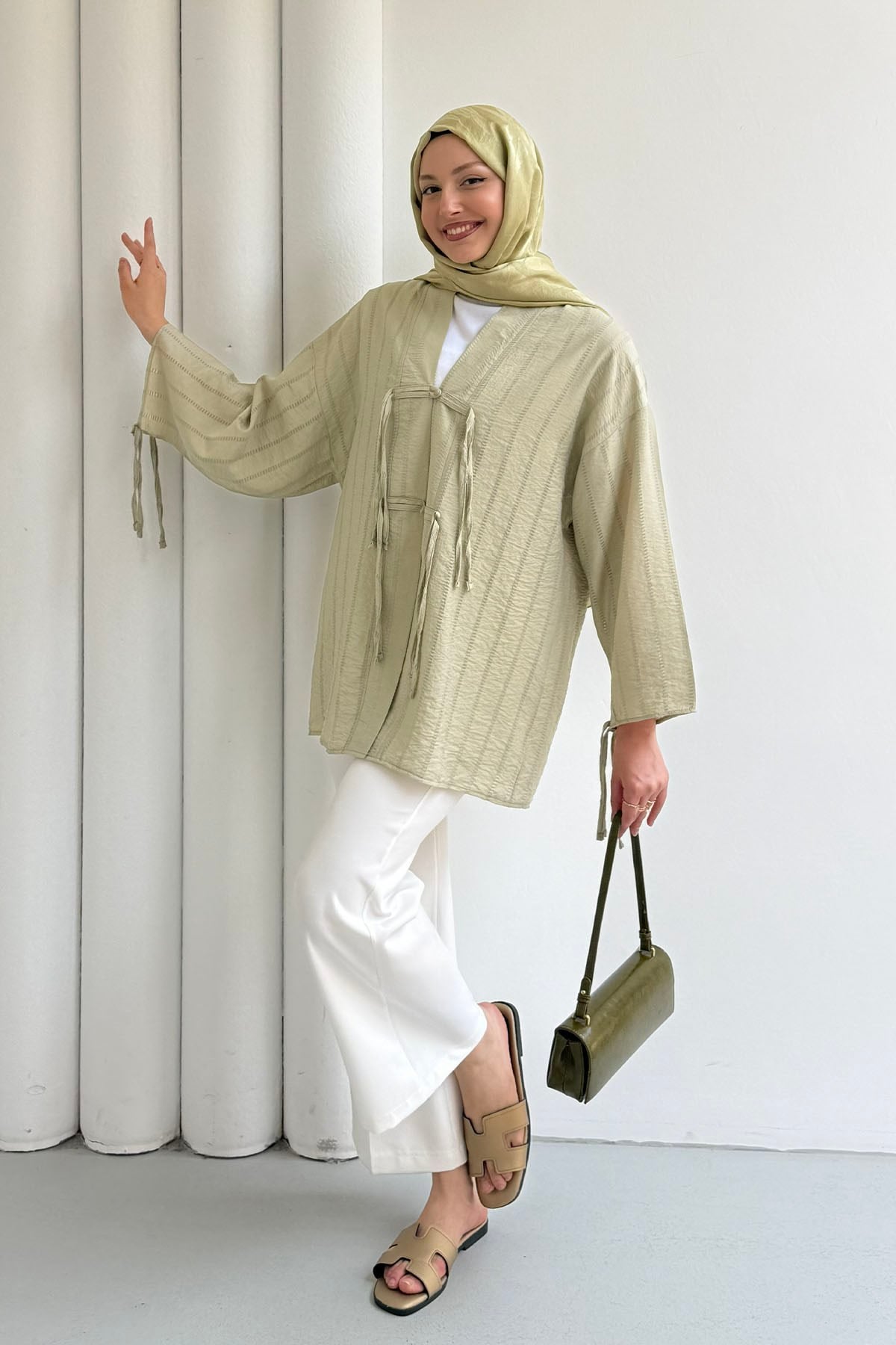 Şal Yaka Ön Ve Kol Ucu Bağlamalı Kimono-MİNT YEŞİLİ