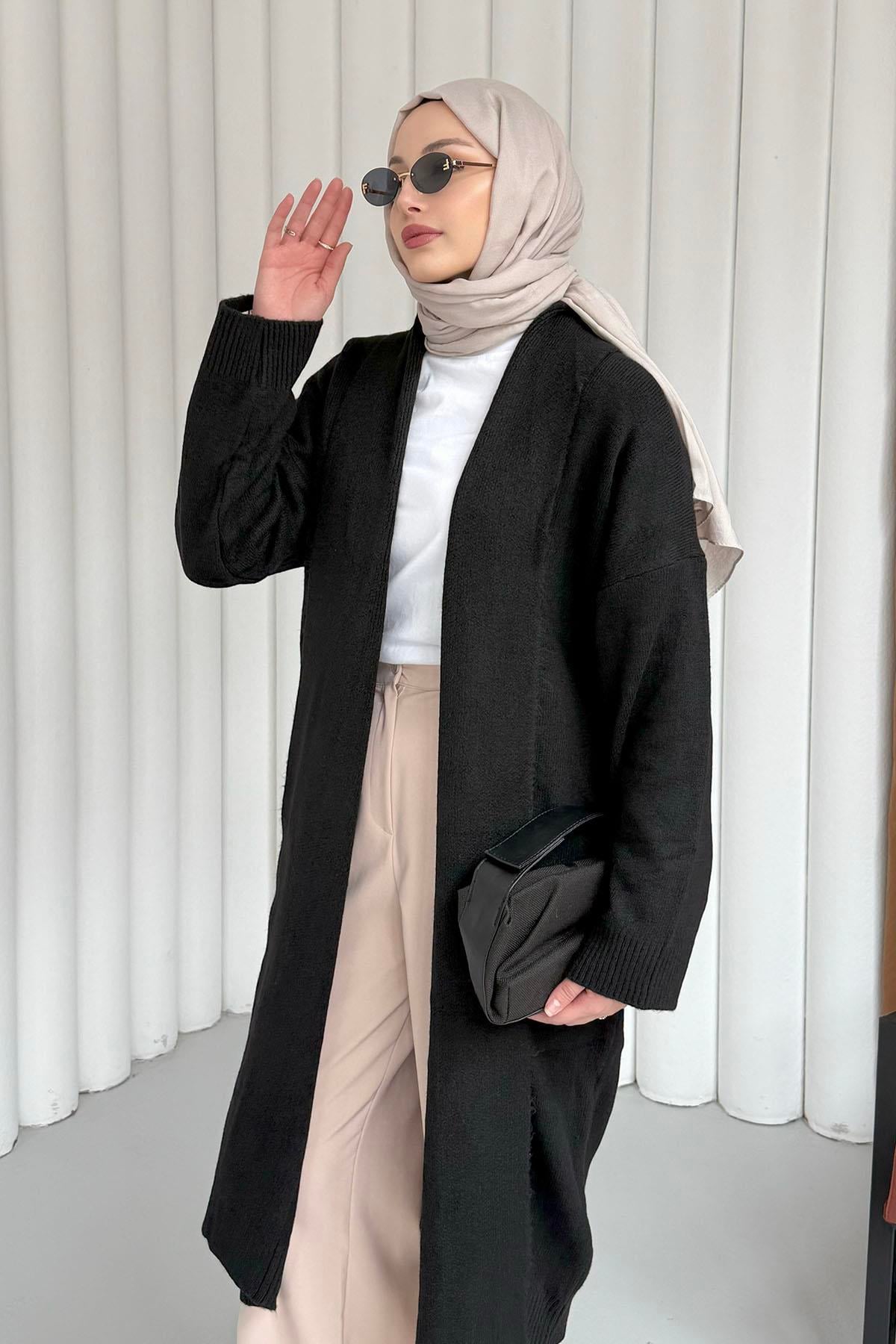 Şal Yaka Uzun Triko Hırka-SİYAH