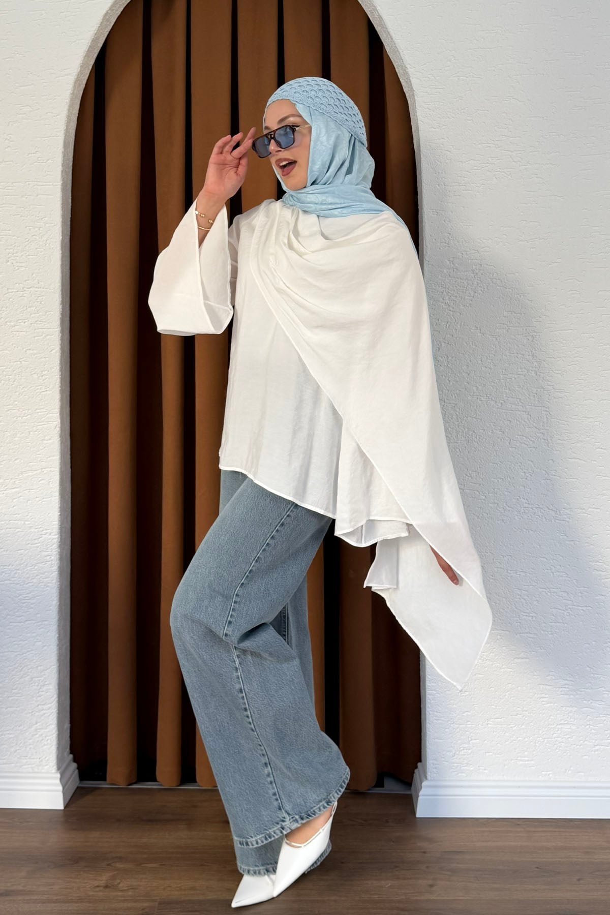 Şallı Değaje Yaka Tencel Kumaş Bluz-BEYAZ