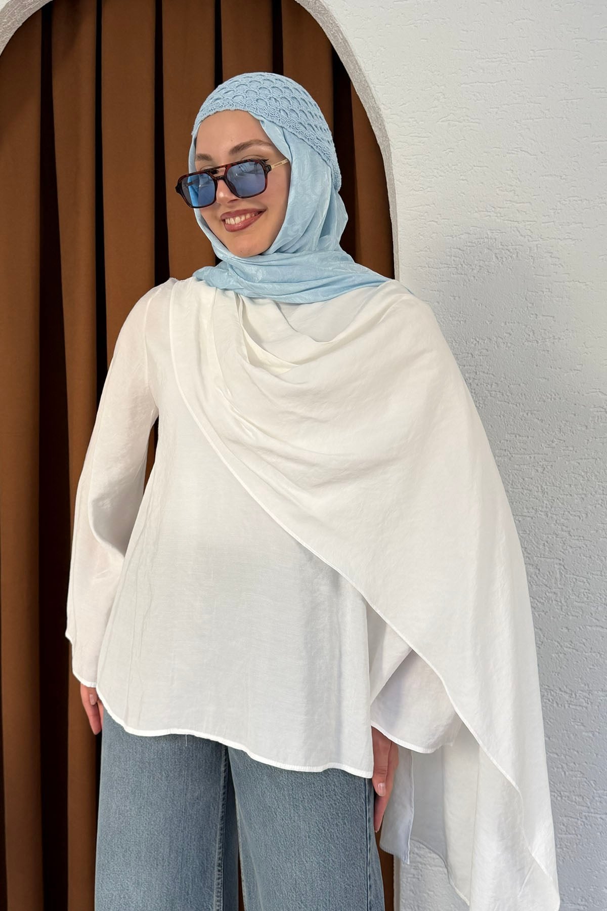 Şallı Değaje Yaka Tencel Kumaş Bluz-BEYAZ