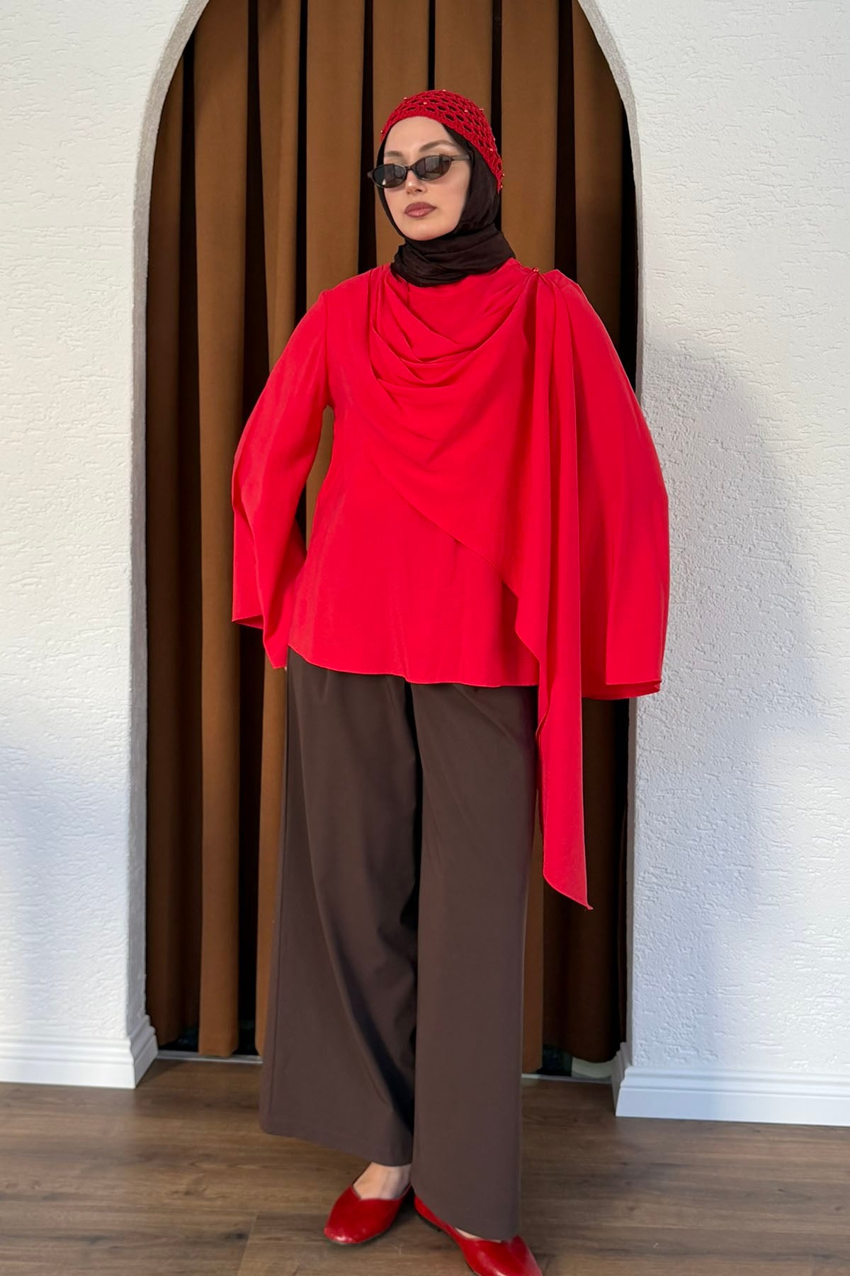 Şallı Değaje Yaka Tencel Kumaş Bluz-KIRMIZI