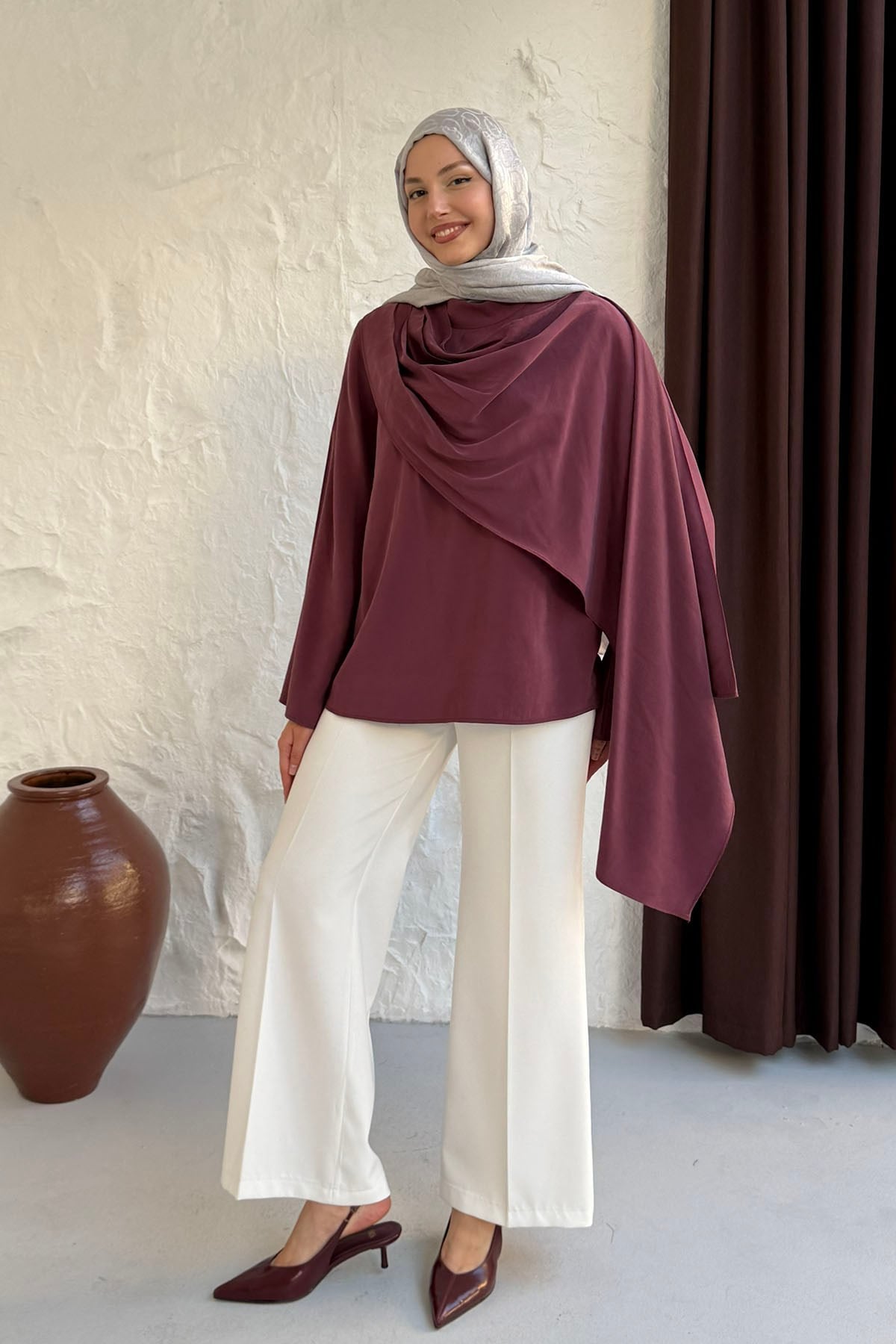 Şallı Değaje Yaka Tencel Kumaş Bluz-MÜRDÜM