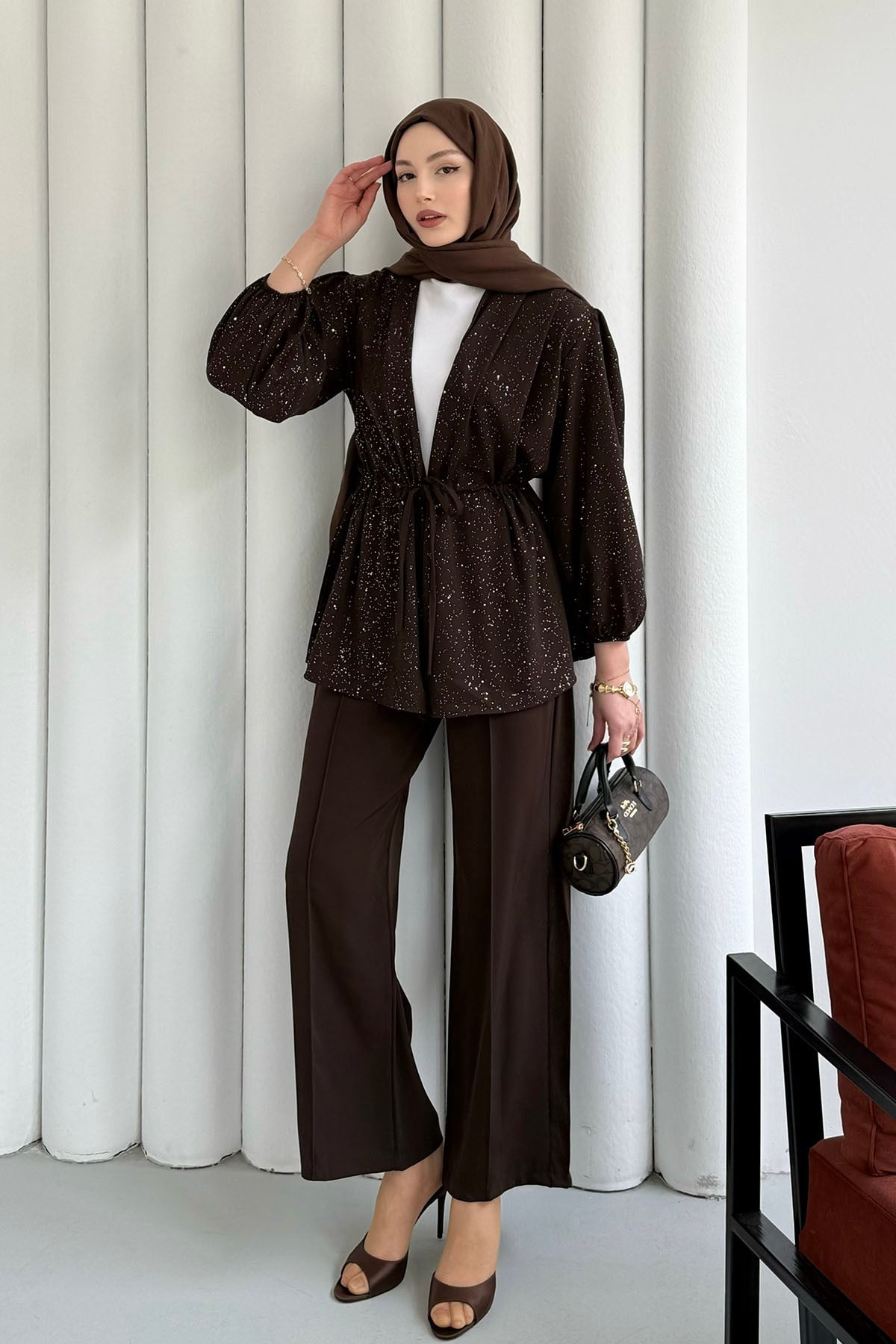 Serpme Taş İp Bağçıklı Kimono Tesettür Takım-KAHVERENGİ