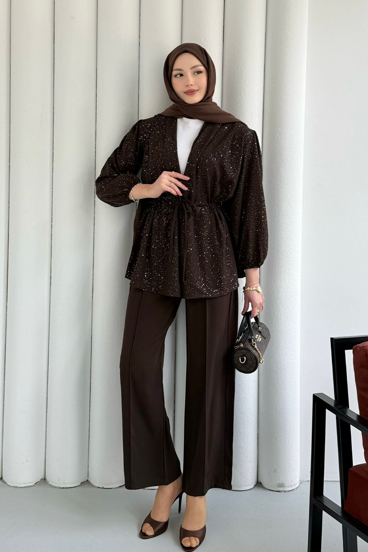 Serpme Taş İp Bağçıklı Kimono Tesettür Takım-KAHVERENGİ