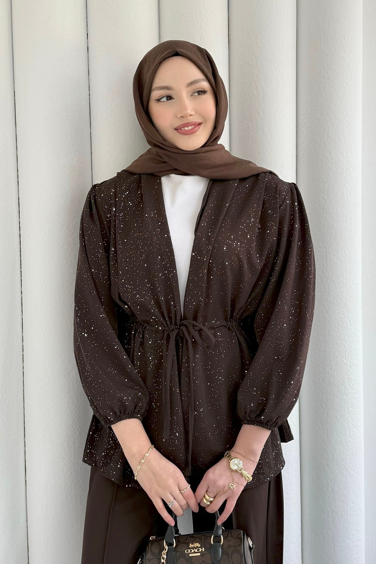 Serpme Taş İp Bağçıklı Kimono Tesettür Takım-KAHVERENGİ