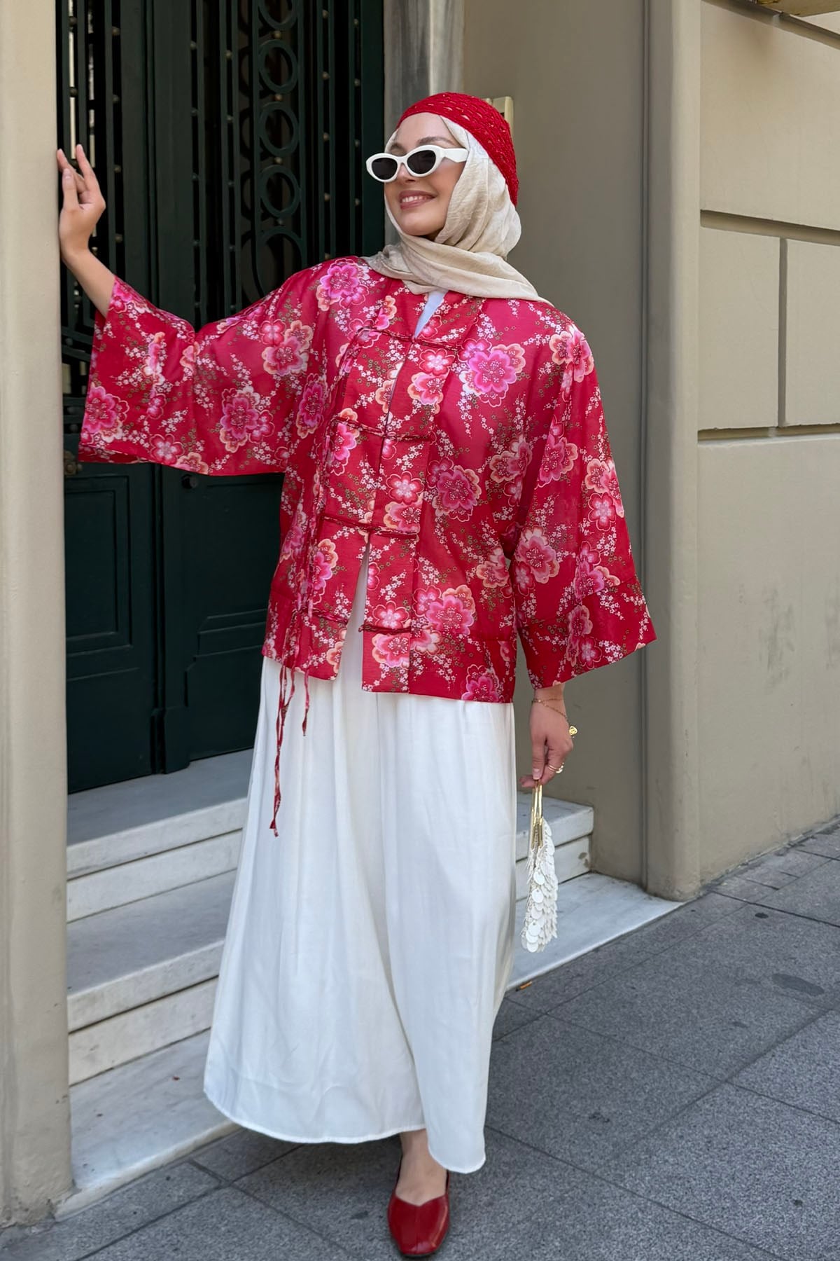 Süslü Düğmeli Dijital Baskı Bohem Motif Kimono-KIRMIZI