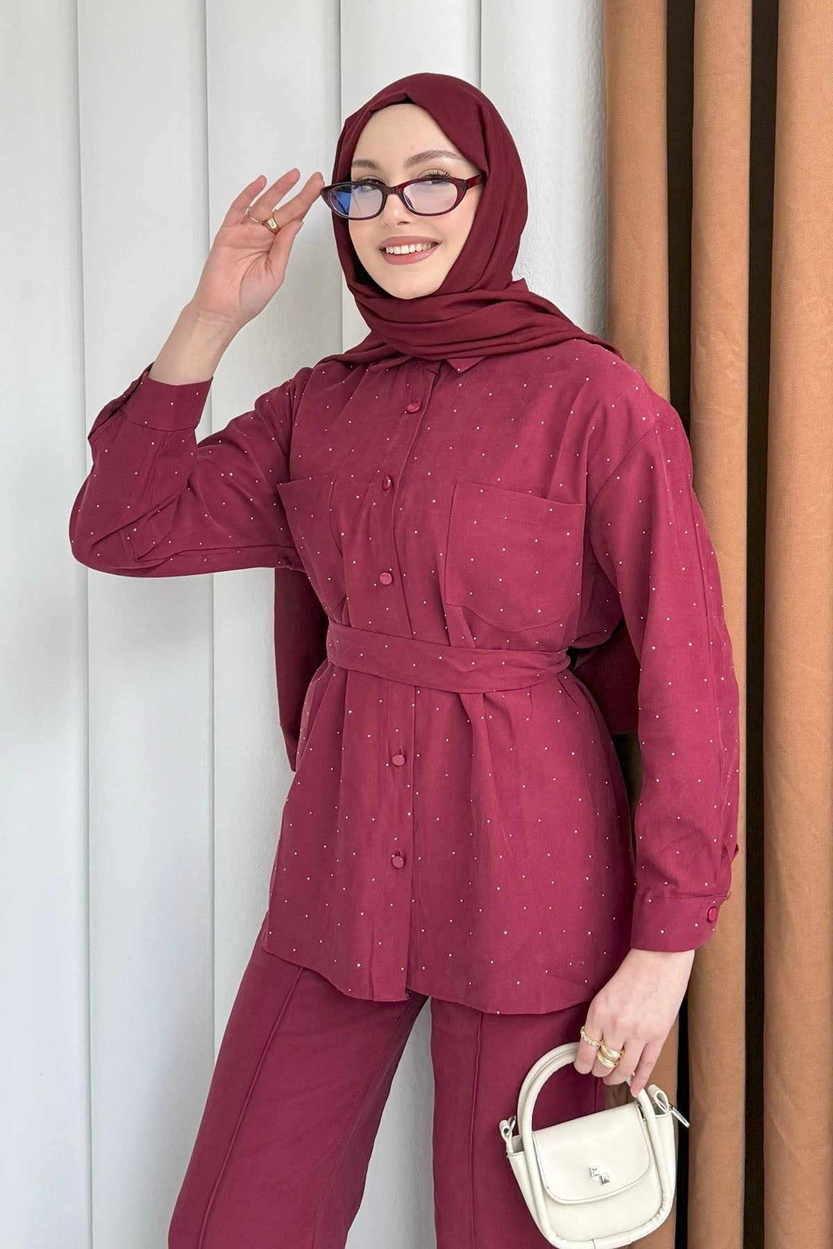 Taş Detaylı Gömlek Pantolon Tesettür Takım-BORDO