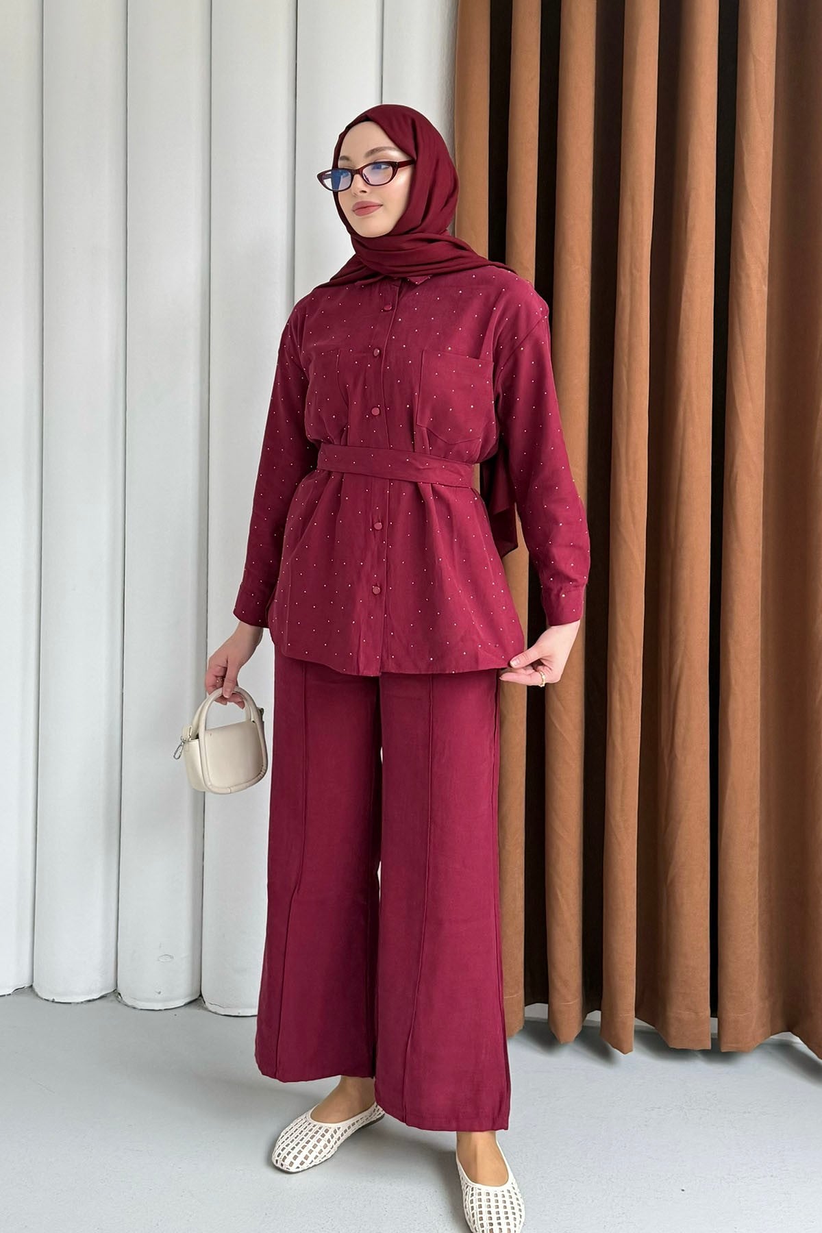 Taş Detaylı Gömlek Pantolon Tesettür Takım-BORDO