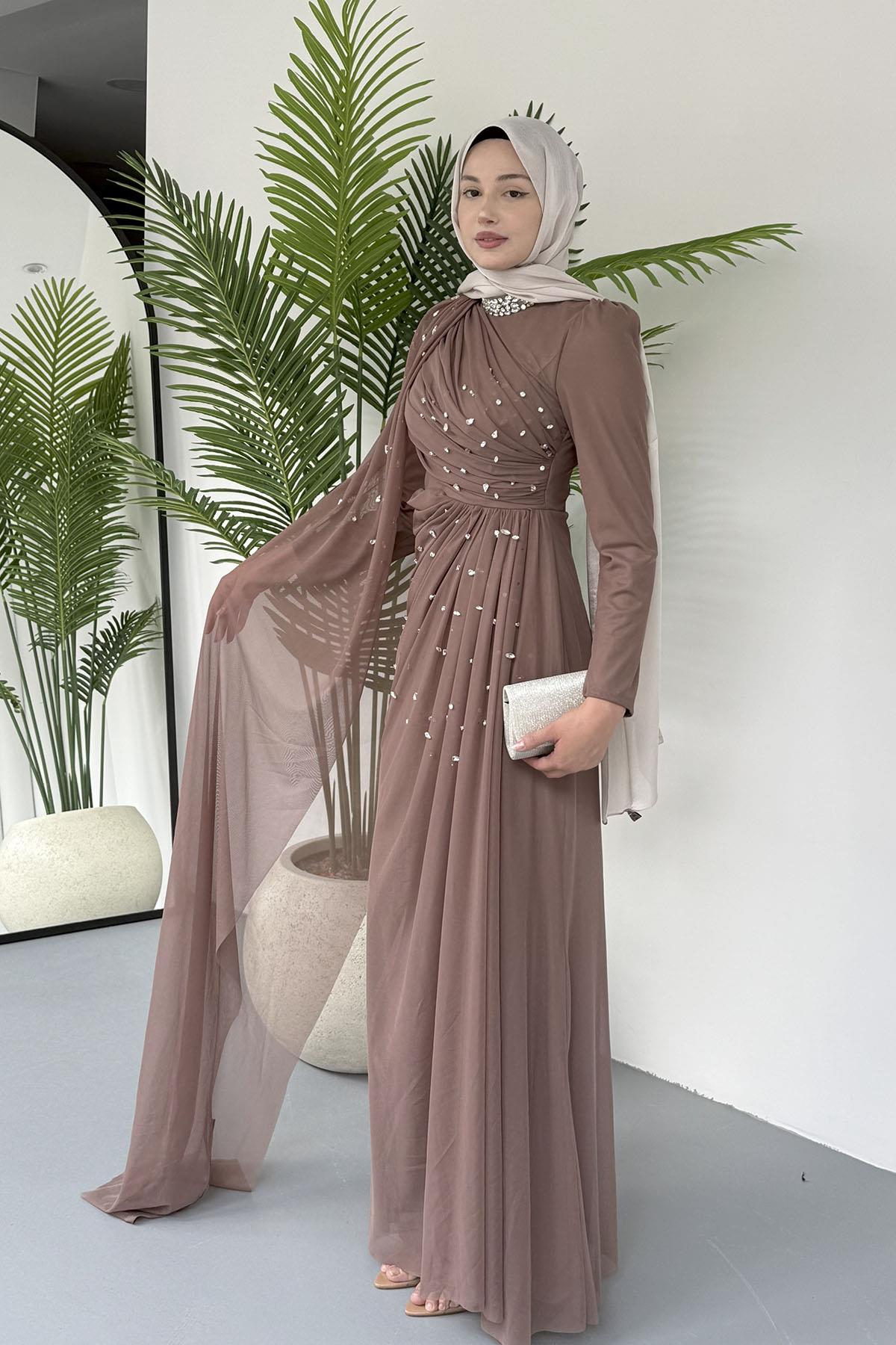 Taş Detaylı Pelerinli Jan Jan Tesettür Abiye-KAHVERENGİ