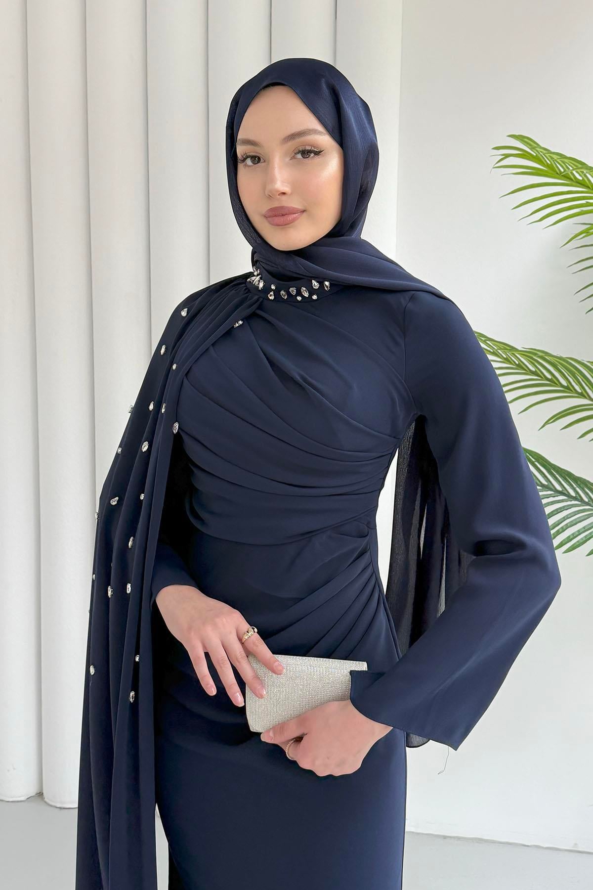 Taş Detaylı Pelerinli Tesettür Abiye-LACİVERT