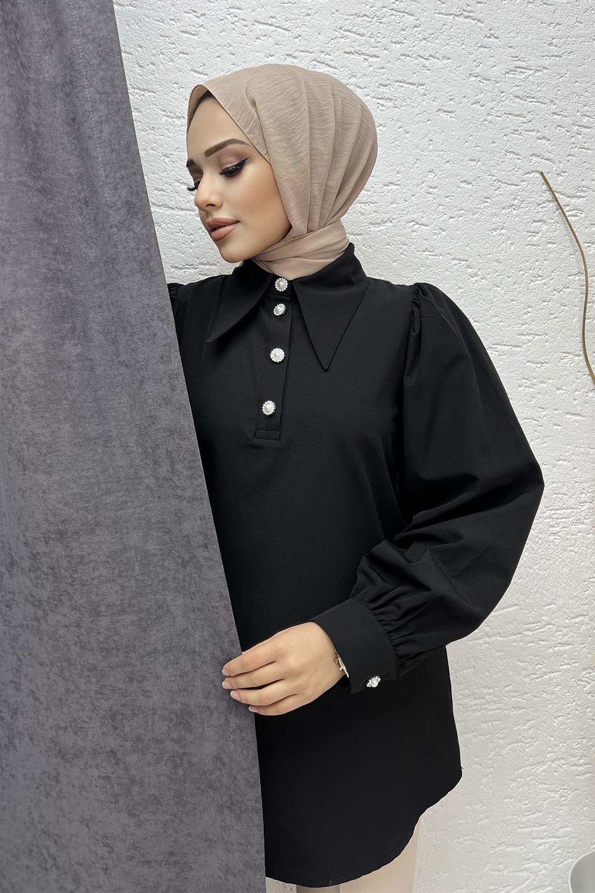 Taş Düğmeli Poplin Gömlek-SİYAH