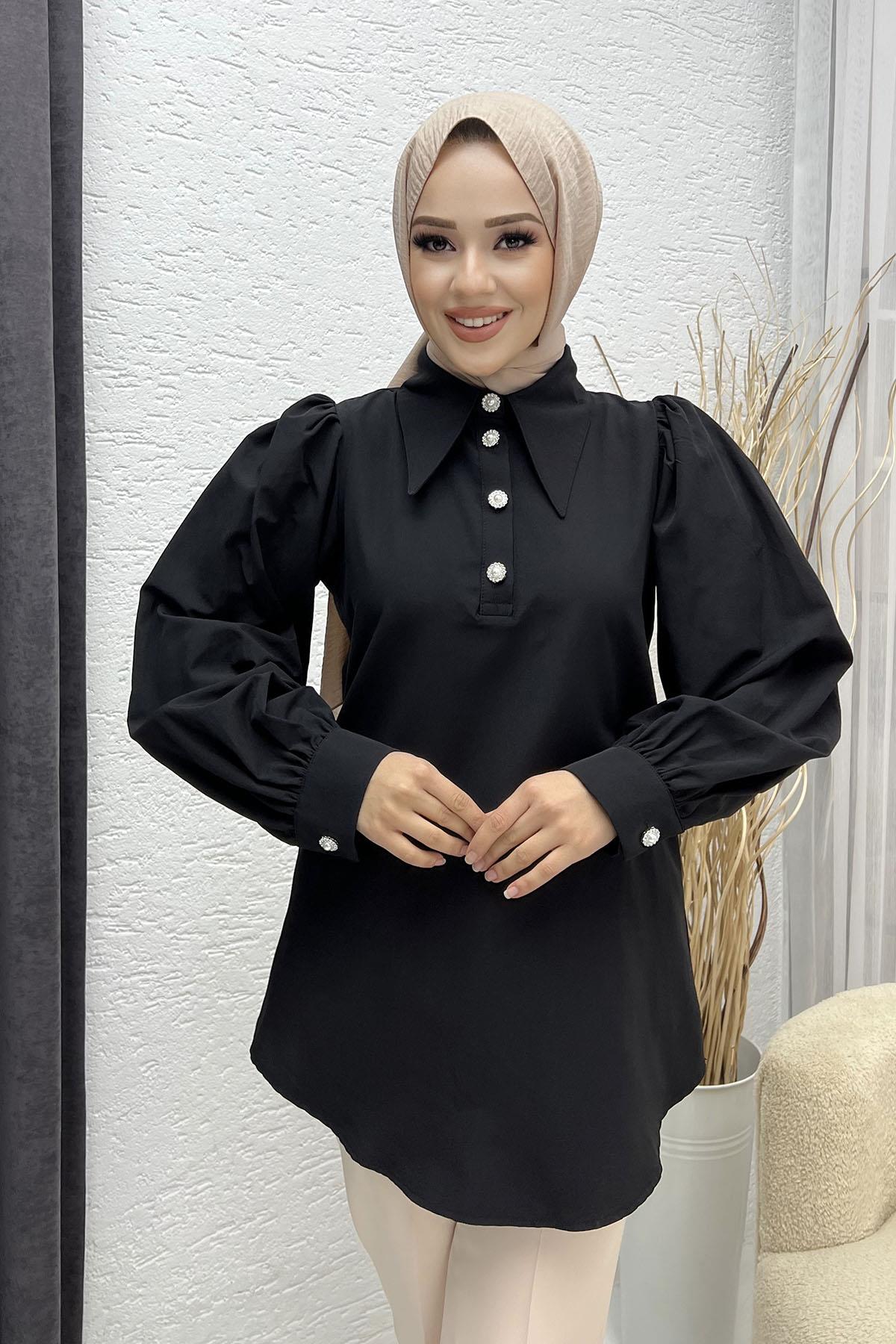 Taş Düğmeli Poplin Gömlek-SİYAH