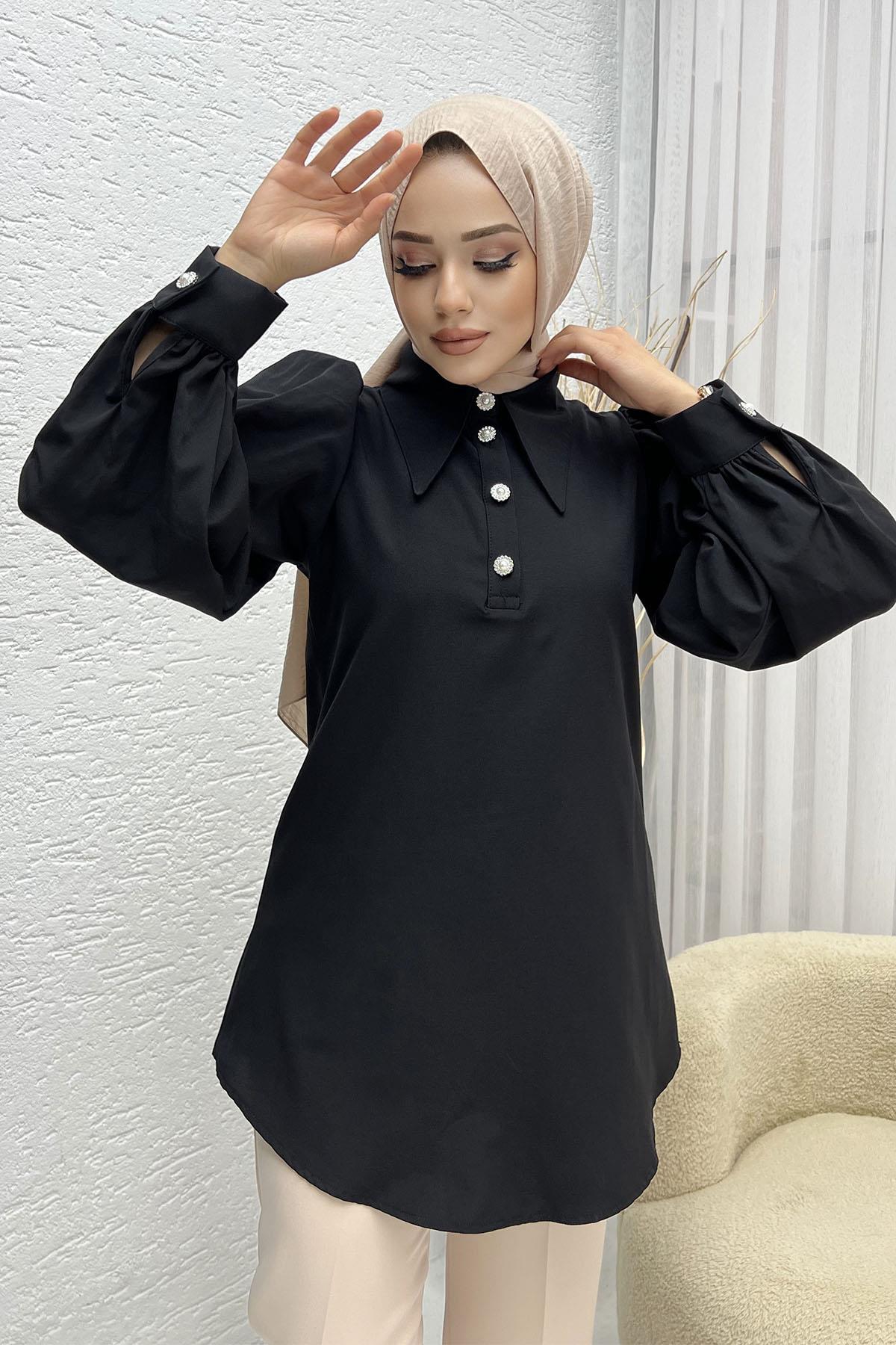 Taş Düğmeli Poplin Gömlek-SİYAH